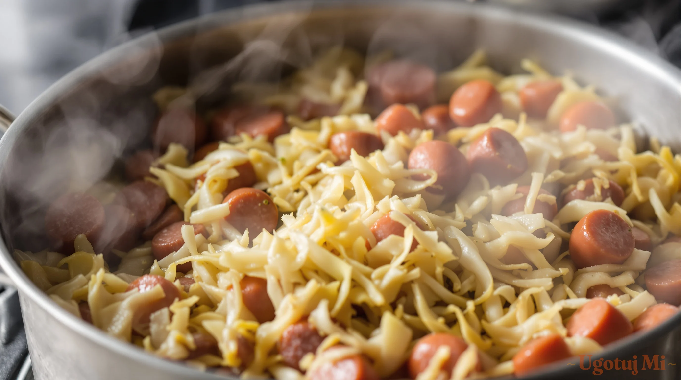 Gotowanie bigosu w garnku - mieszanie kapusty z mięsami | ugotujmi.pl