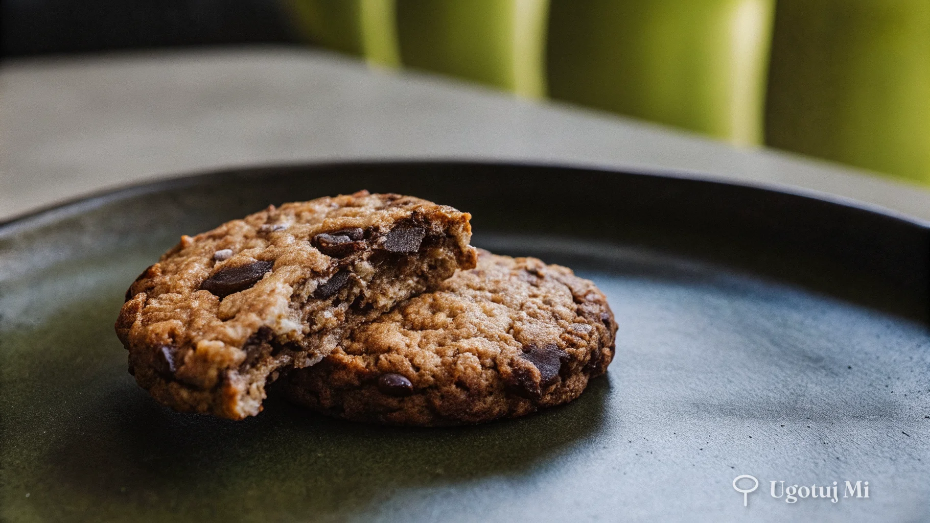 Zbliżenie na ciasteczko owsiane z widocznymi kawałkami czekolady i chrupiącymi brzegami | ugotujmi.pl