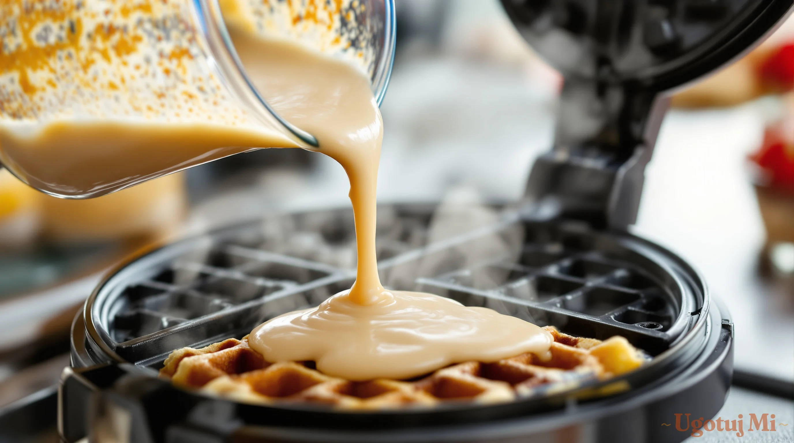 Nalewanie ciasta do rozgrzanej gofrownic | ugotujmi.pl