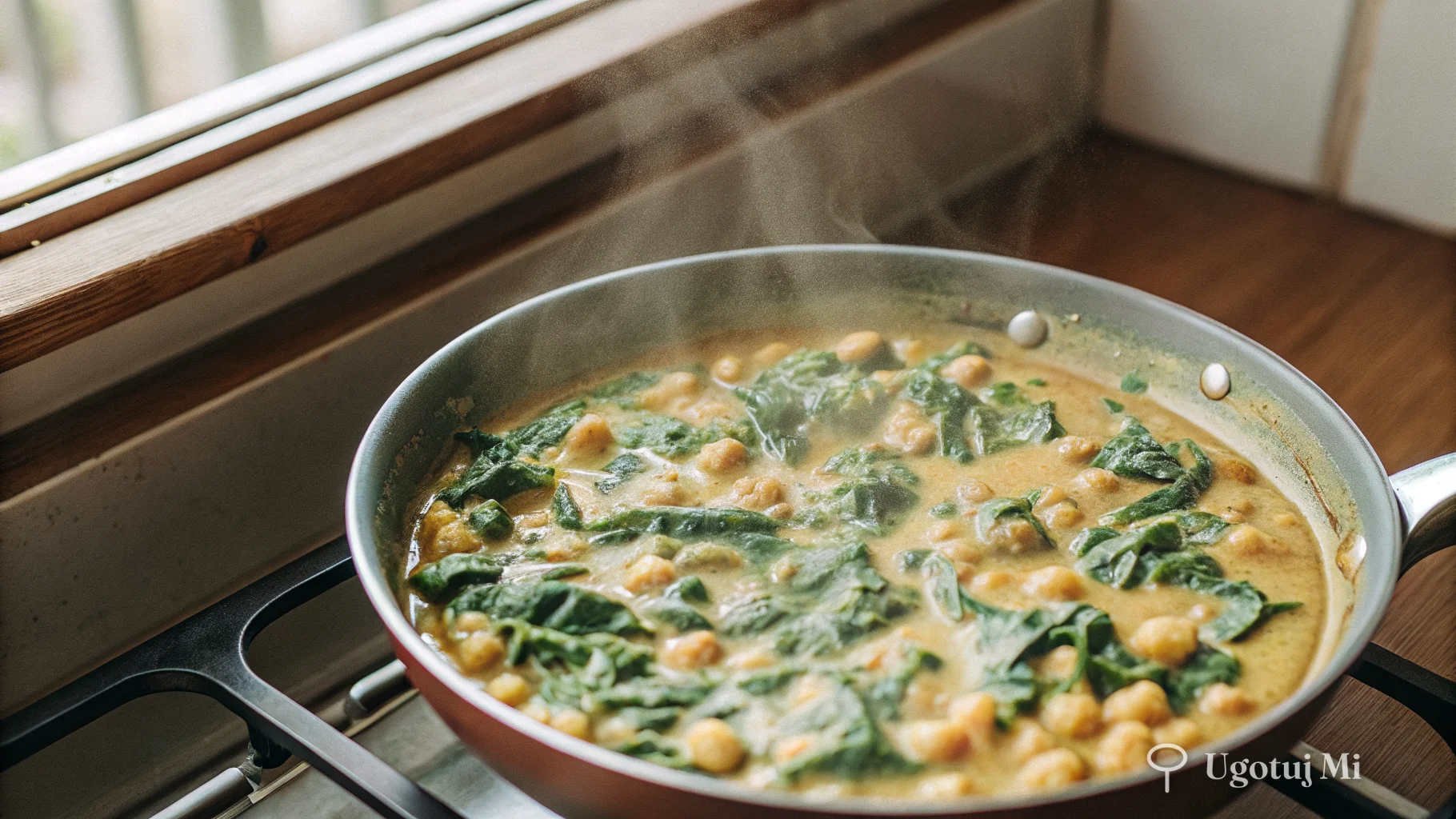 Kremowy sos curry z ciecierzycą i szpinakiem gotujący się na patelni | ugotujmi.pl