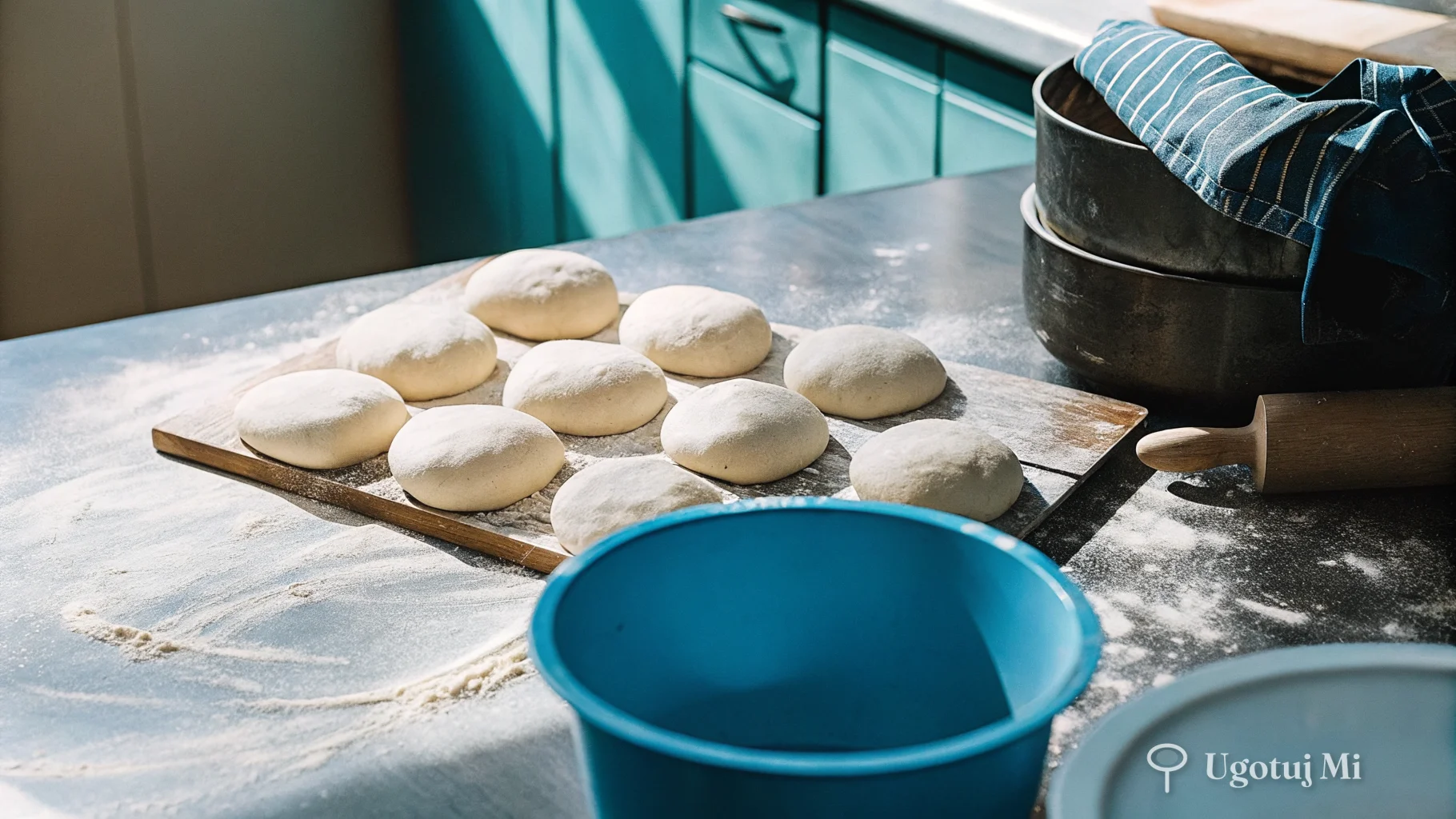 Porcje surowego ciasta drożdżowego podzielone na 8 części na oprószonym mąką blacie | ugotujmi.pl