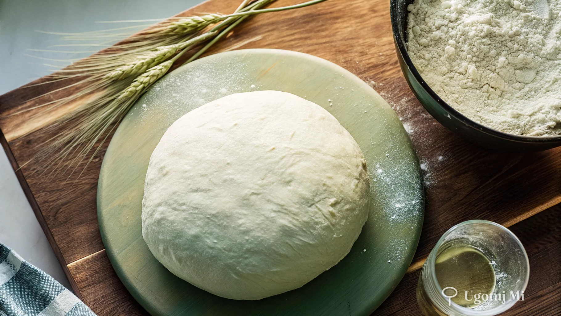 Wyrośnięte ciasto chlebowe na podsypanym mąką blacie obok składników | ugotujmi.pl