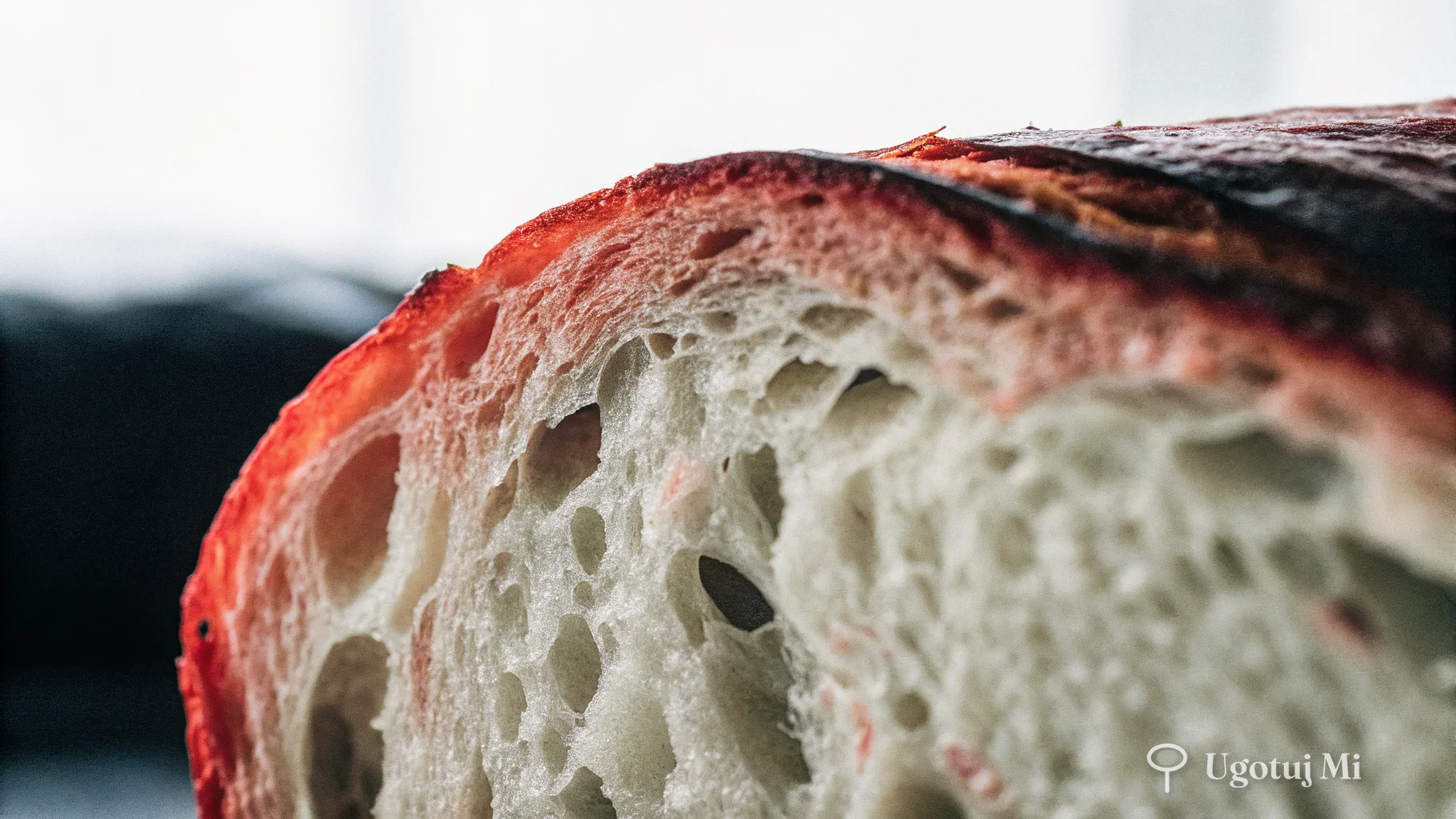 Zbliżenie na miąższ domowego chleba z widoczną strukturą i chrupiącą skórką | ugotujmi.pl