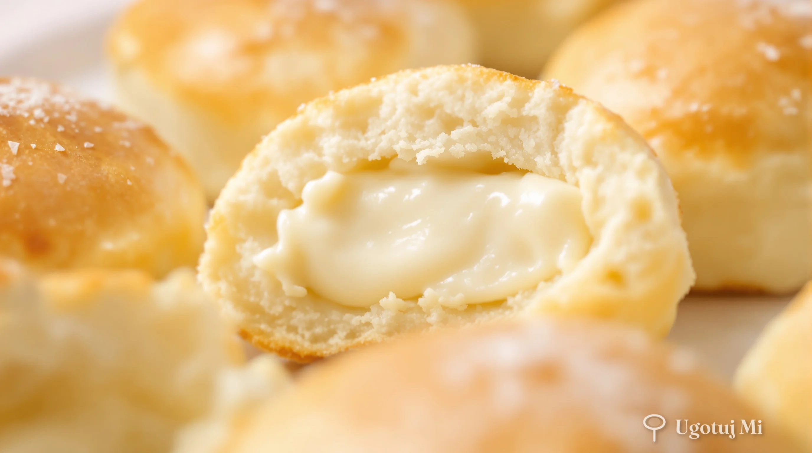 Zbliżenie na puszyste ciasto z nadzieniem serowym | ugotujmi.pl