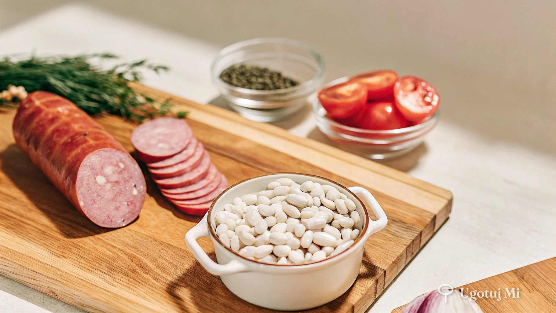 Składniki na fasolkę po bretońsku rozłożone na desce do krojenia – fasola, kiełbasa, cebula, czosnek i przyprawy | ugotujmi.pl