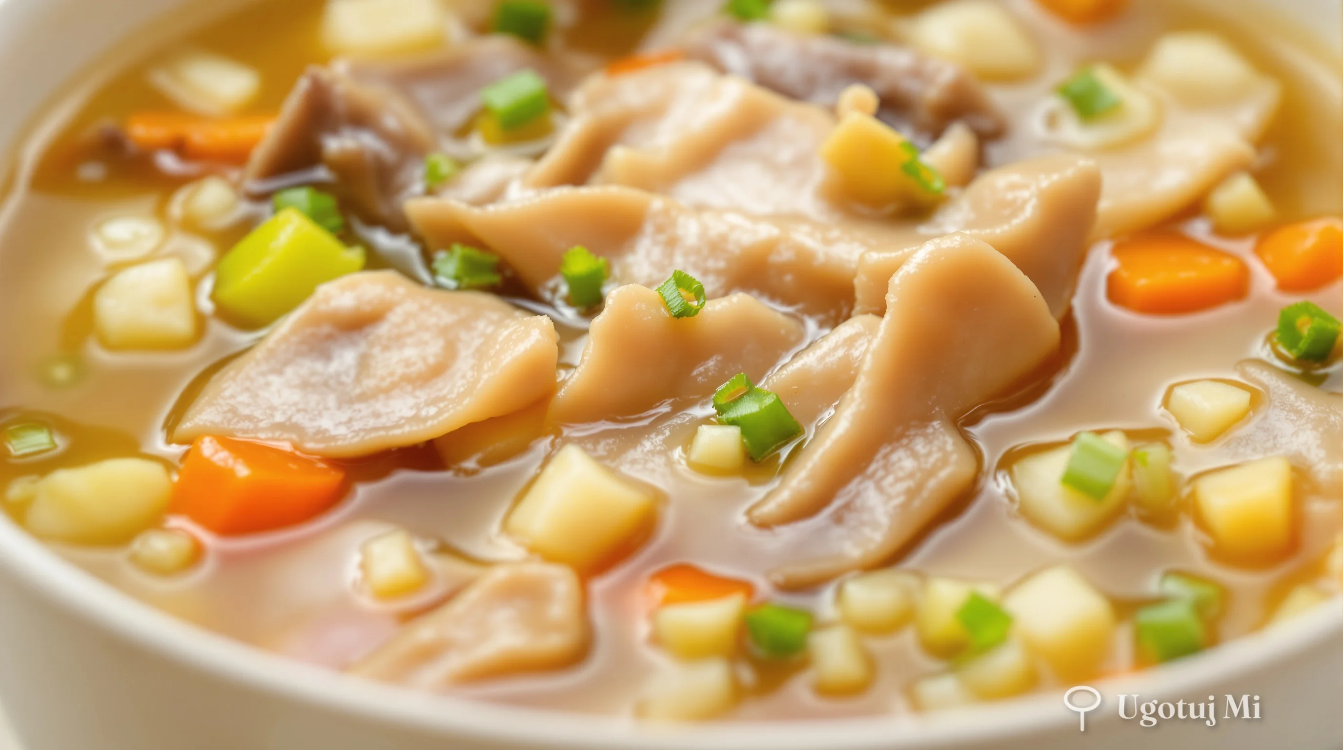 Zbliżenie na miękkie paski flaków z warzywami w przejrzystym bulionie | ugotujmi.pl