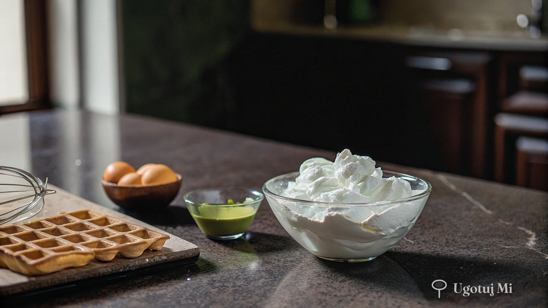 Piana z białek jajek w misce obok innych składników do gofrów | ugotujmi.pl