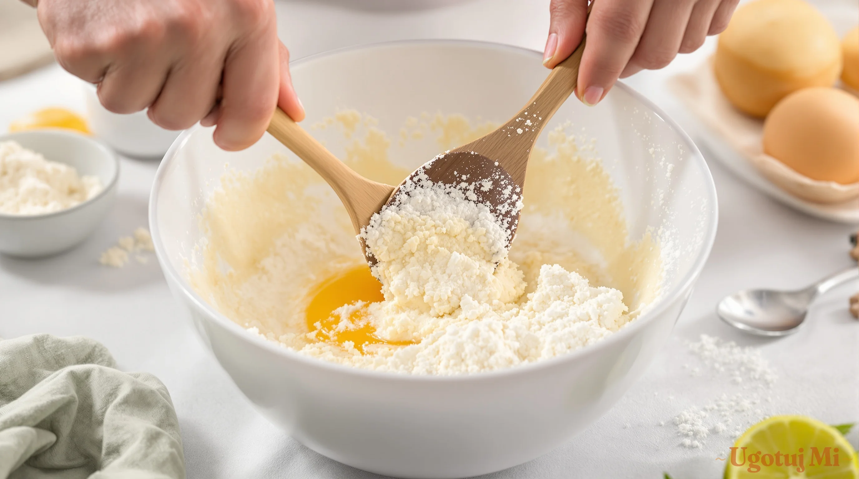 Delikatne mieszanie składników do biskoptu drewnianą łyżką | ugotujmi.pl