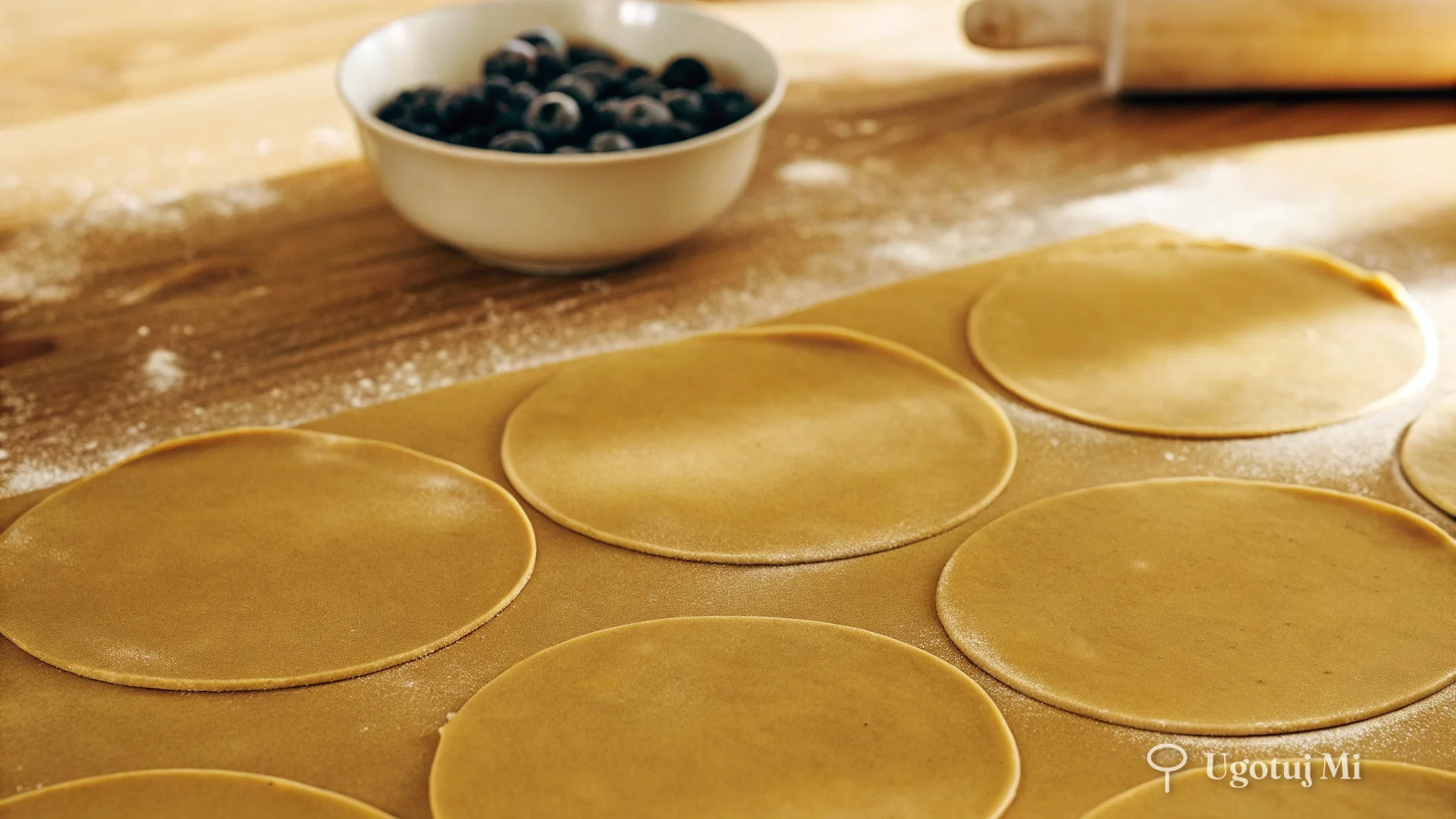 Surowe krążki ciasta drożdżowego z nadzieniem jagodowym gotowe do zwijania | ugotujmi.pl