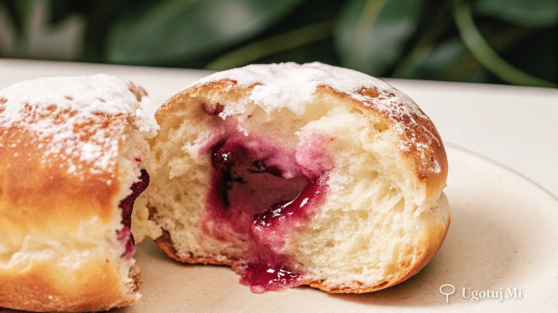 Przekrojona jagodzianke z widocznym miękkim wnętrzem i soczyste jagodowym nadzieniem | ugotujmi.pl