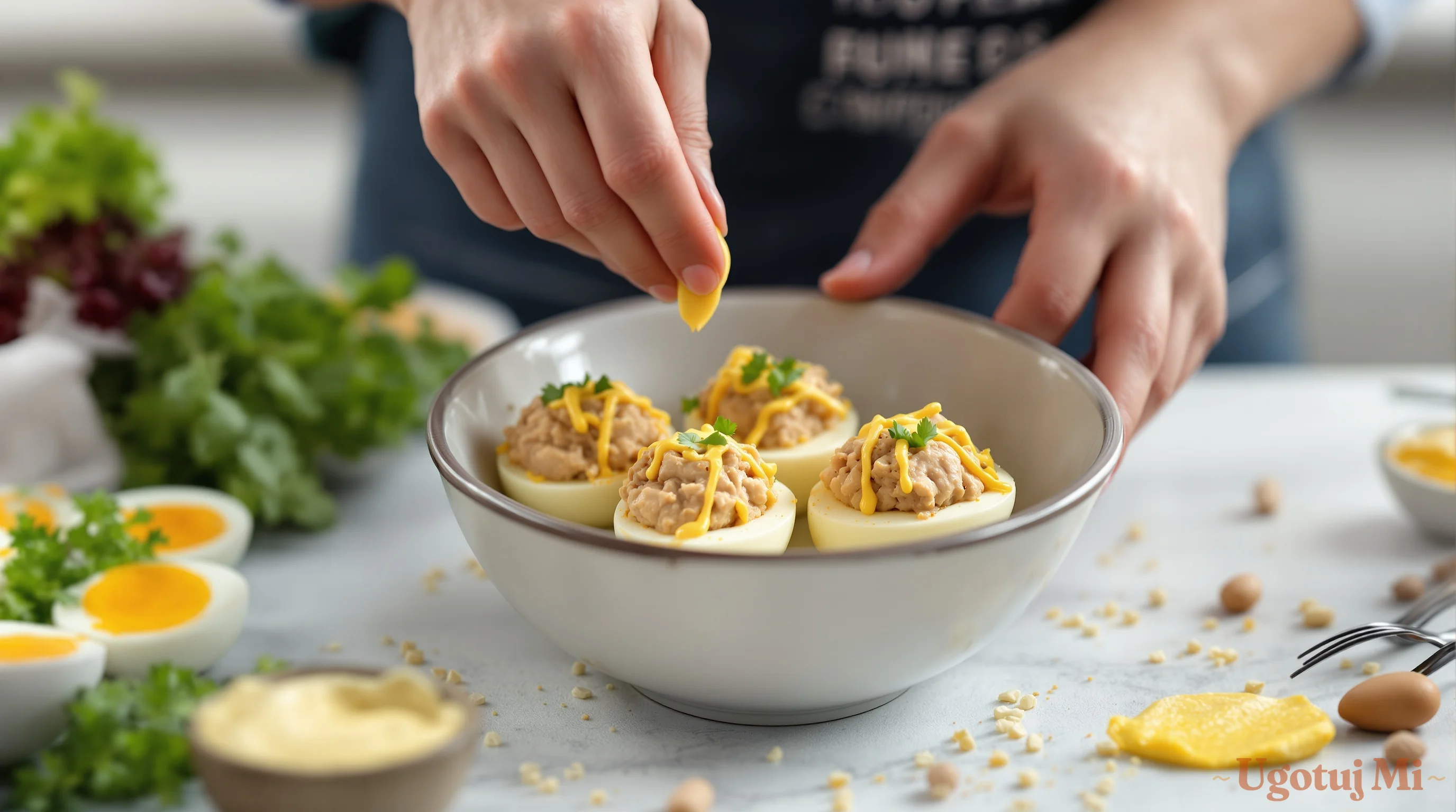 Mieszanie farszu z tuńczyka i żółtek do jajek faszerowanych | ugotujmi.pl