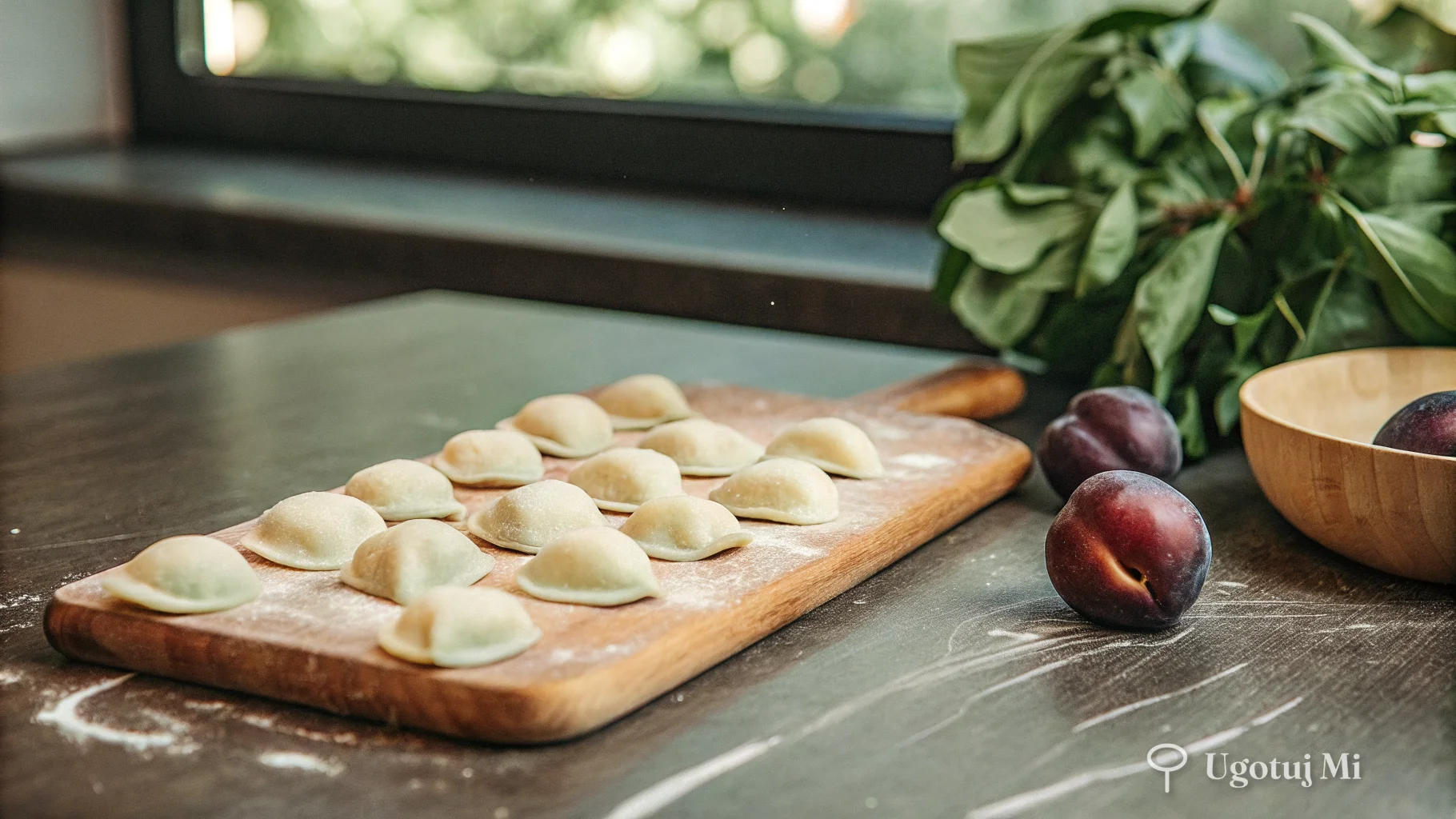 Świeże śliwki i uformowane kopytka na desce do krojenia | ugotujmi.pl