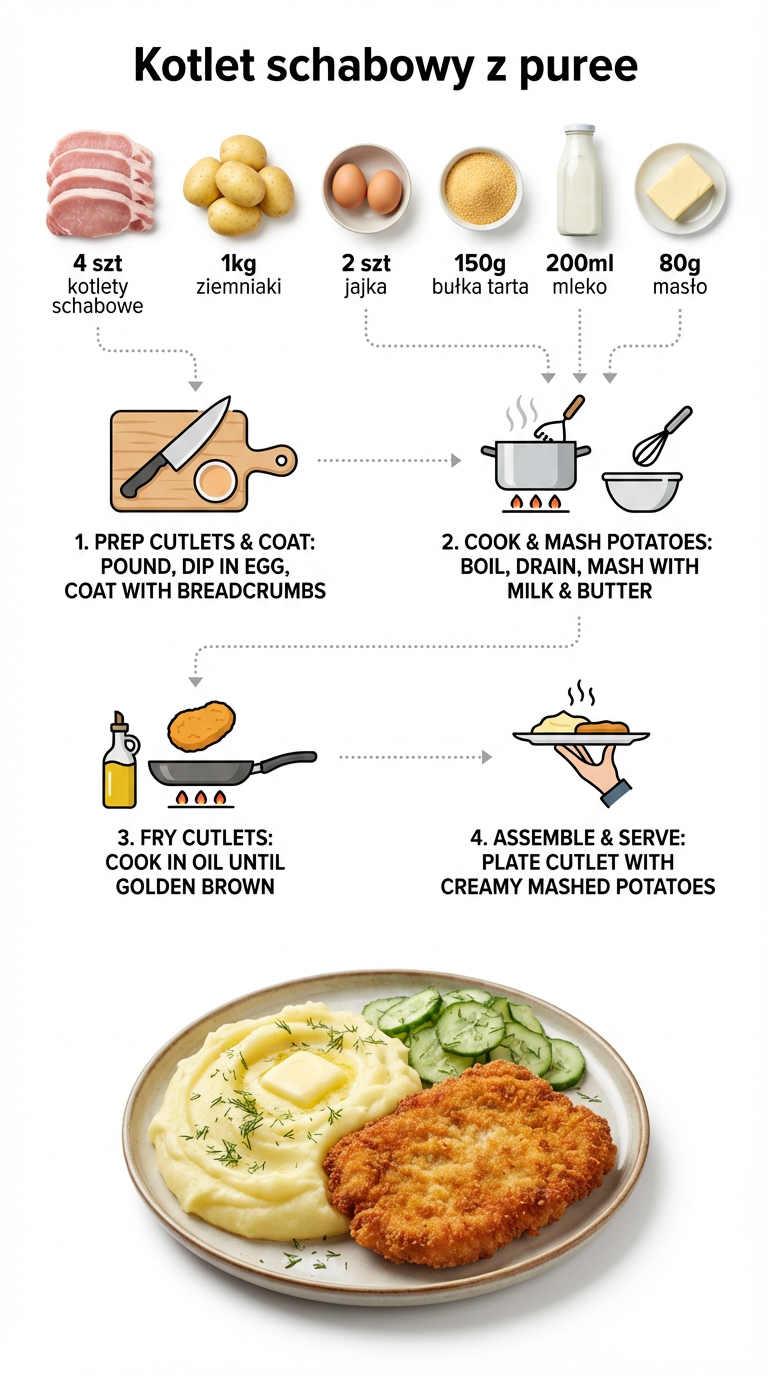 Przepis na tradycyjny kotlet schabowy z ziemniaczanym puree. Sprawdzone sekrety na idealnie chrupiącą panierkę i puszyste puree. | ugotujmi.pl