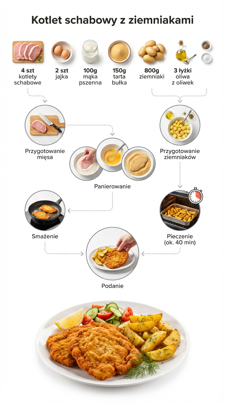 Sprawdzony przepis na tradycyjne kotlety schabowe z pieczonymi ziemniakami. Prosty, smakowity obiad gotowy w 45 minut. | ugotujmi.pl