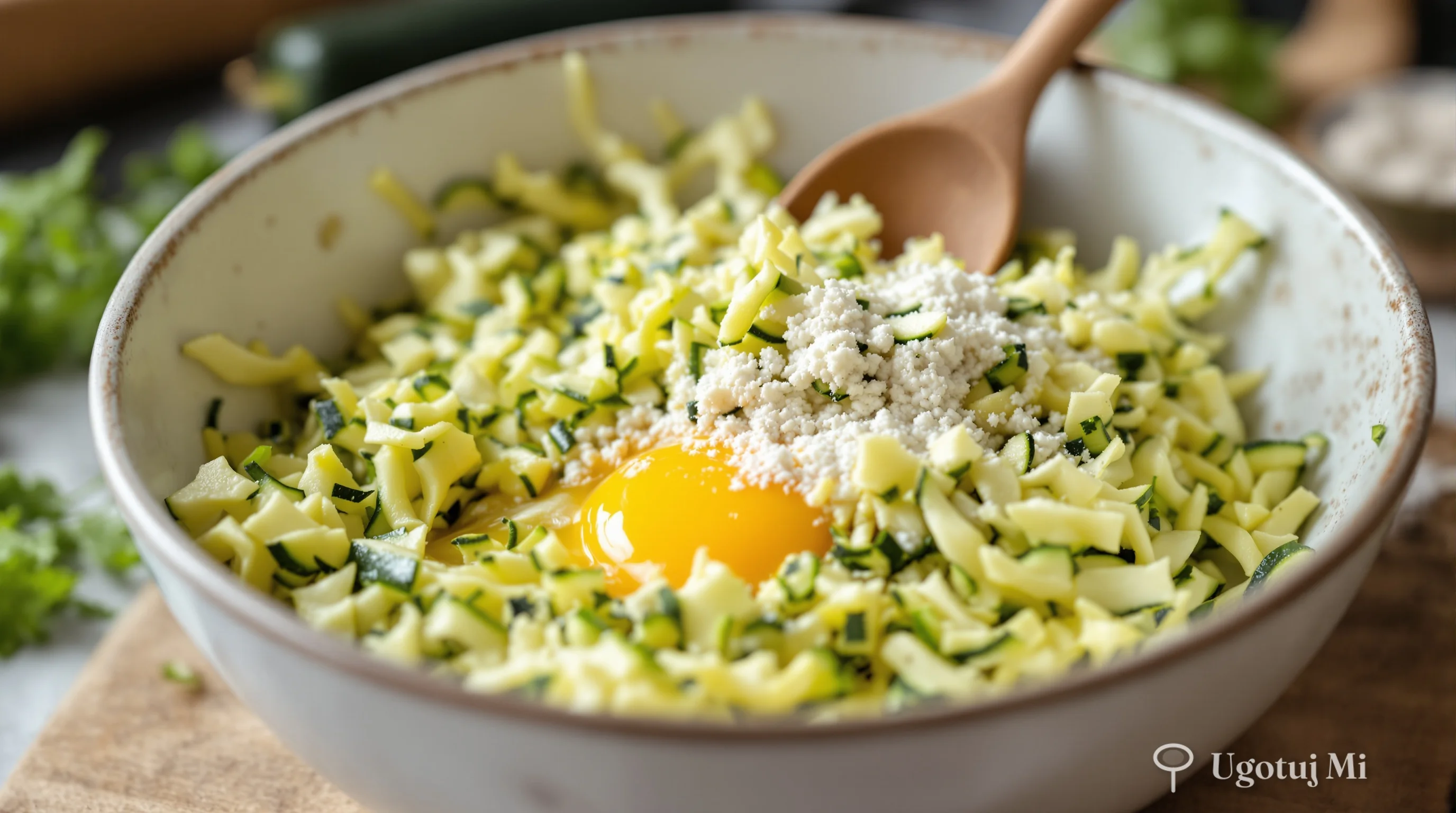 Mieszanie składników na kotlety z cukinii | ugotujmi.pl
