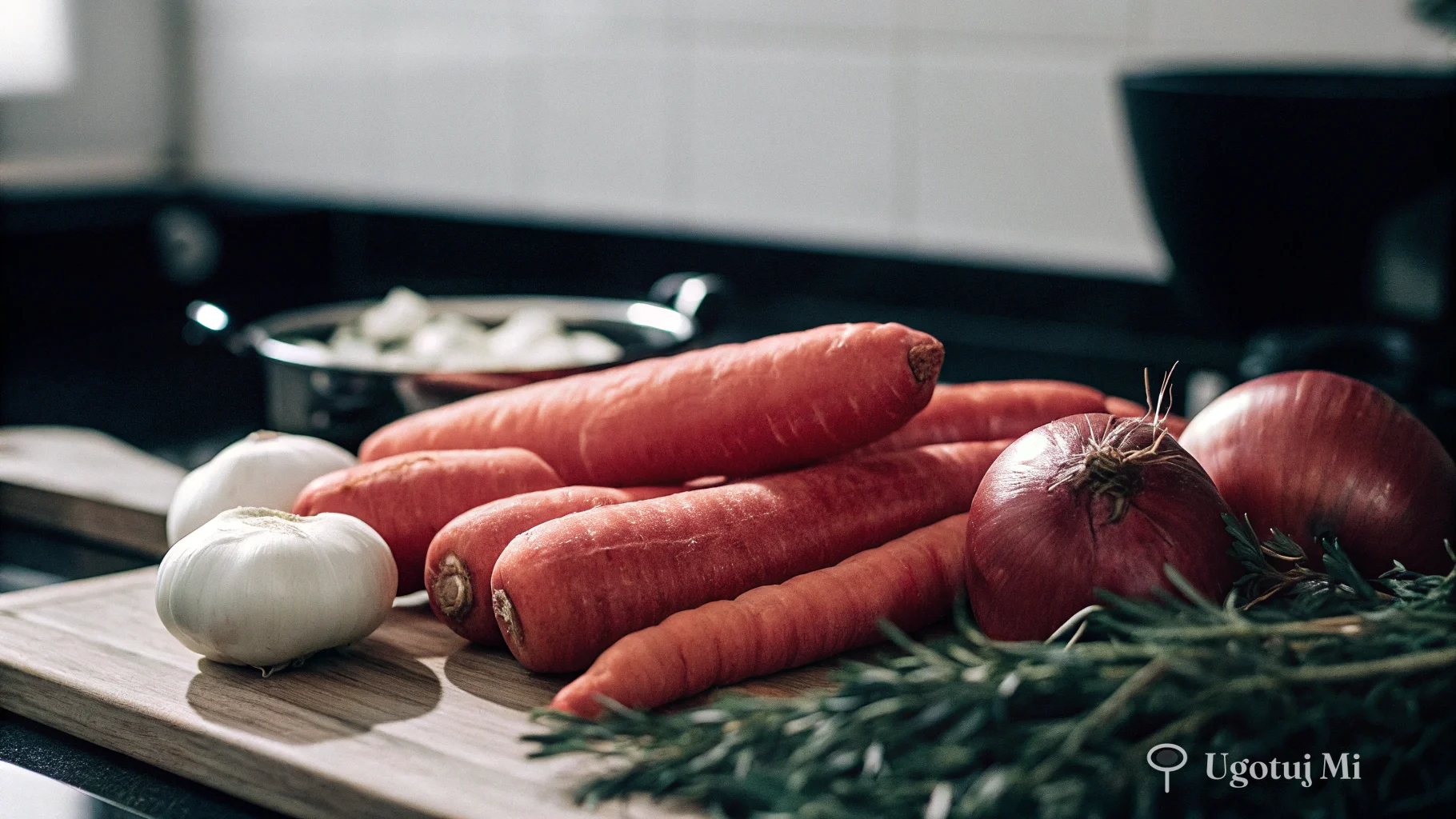 Świeże składniki do zupy marchewkowej na desce do krojenia | ugotujmi.pl