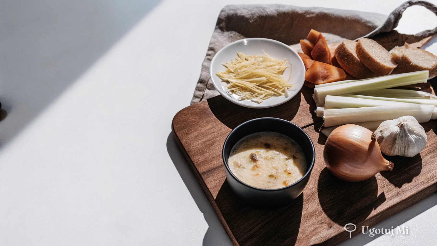 Składniki na zupę serową rozłożone na białym blacie – ser topiony, śmietanka, marchewka i makaron | ugotujmi.pl