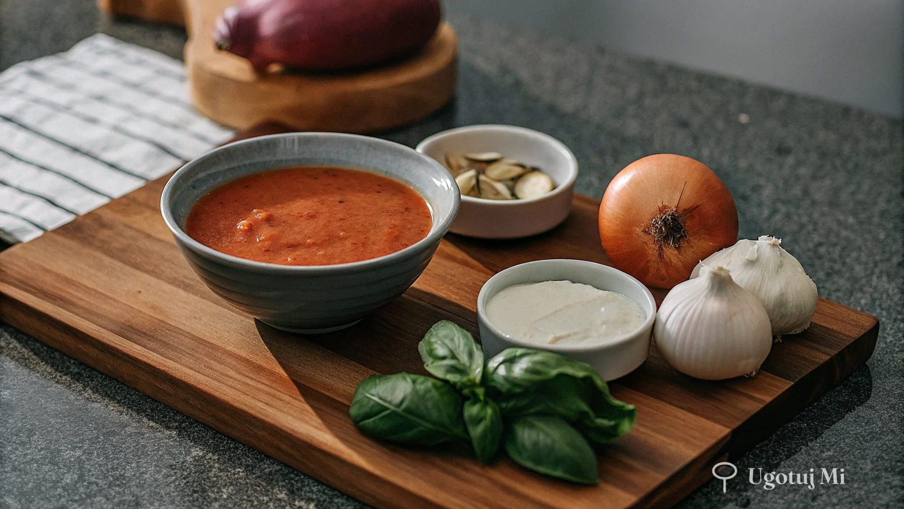 Świeże składniki do kremu pomidorowego na drewnianej desce | ugotujmi.pl