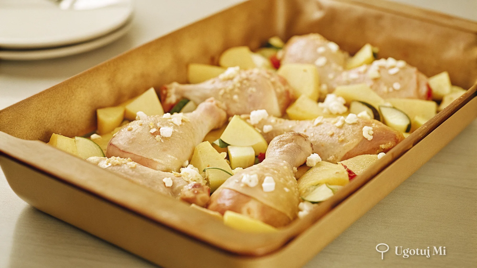 Surowe składniki na kurczaka po grecku ułożone w formie do pieczenia | ugotujmi.pl