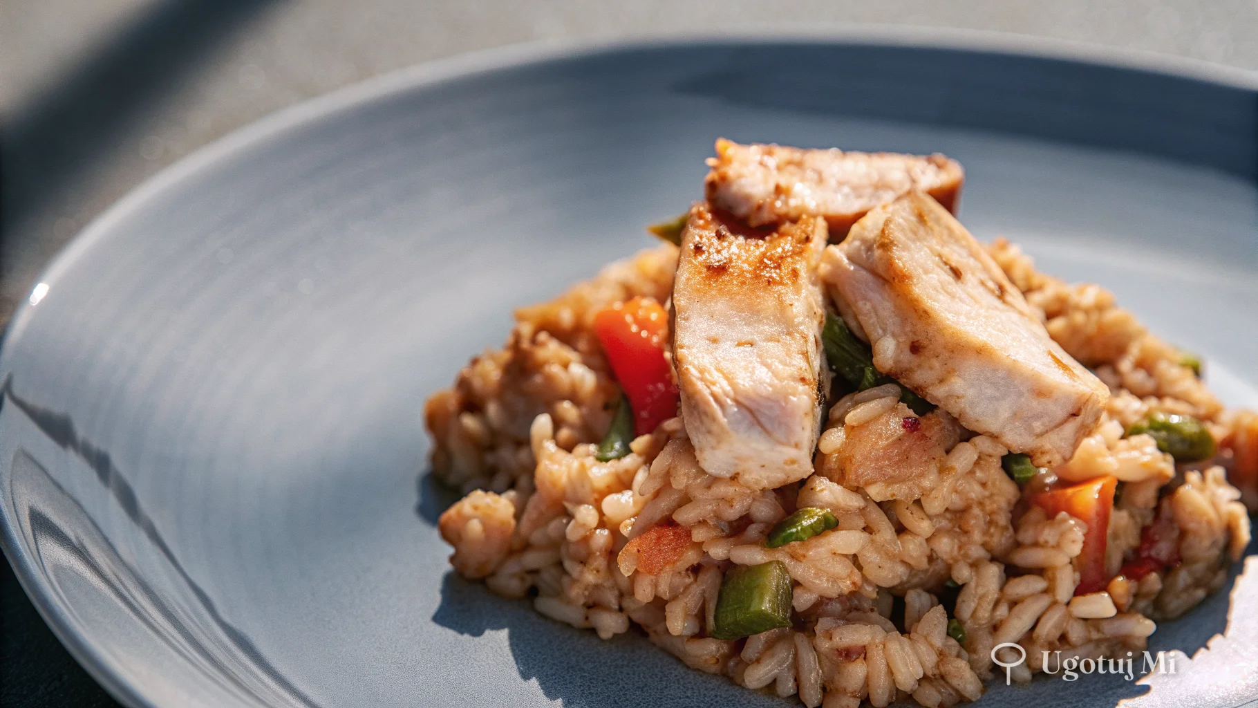 Zbliżenie na teksturę gotowego dania z kurczakiem i ryżem | ugotujmi.pl