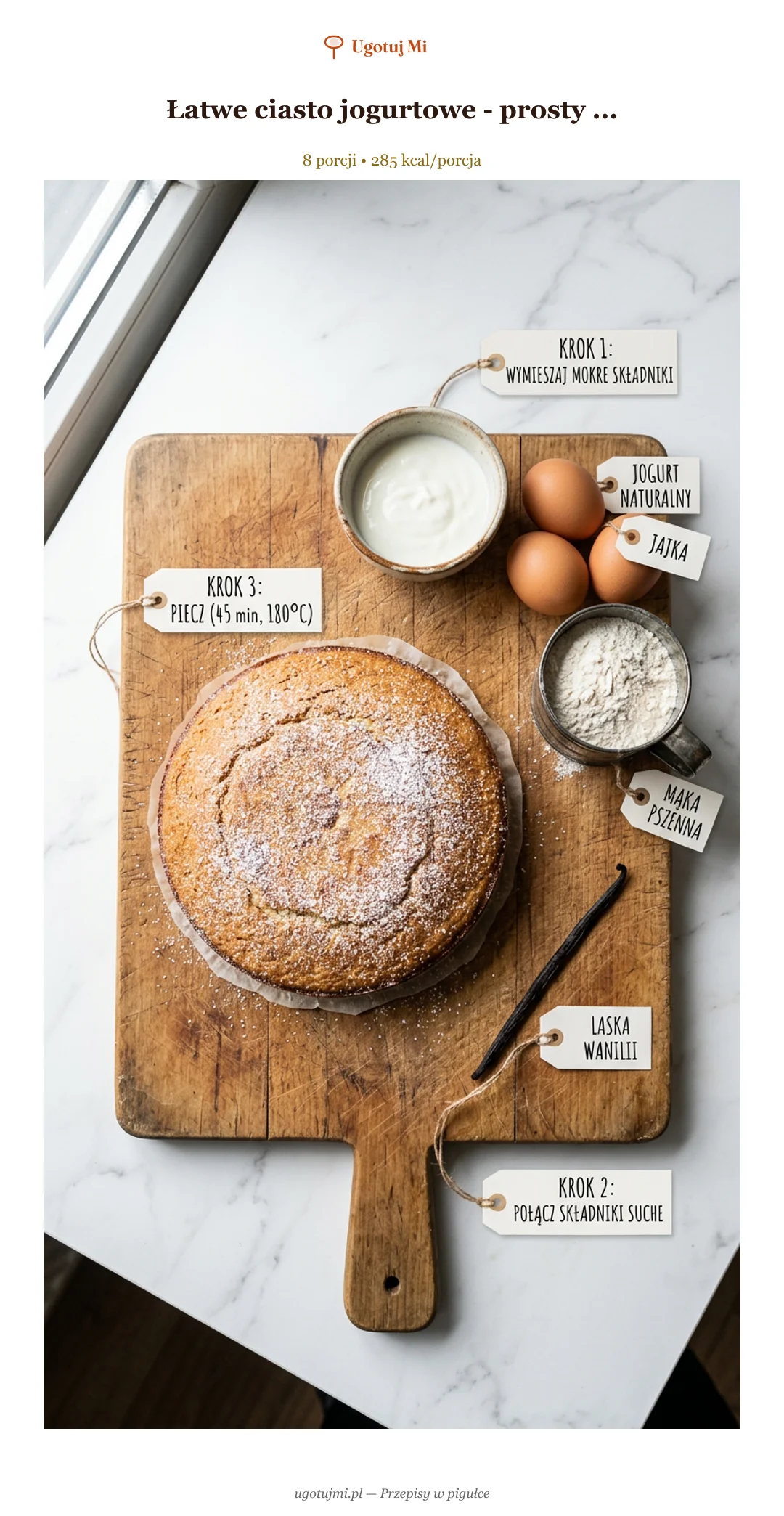 Wilgotne, puszyste ciasto jogurtowe gotowe w 40 minut. Prosty przepis z podstawowych składników. Idealne dla początkujących kucharzy! | ugotujmi.pl