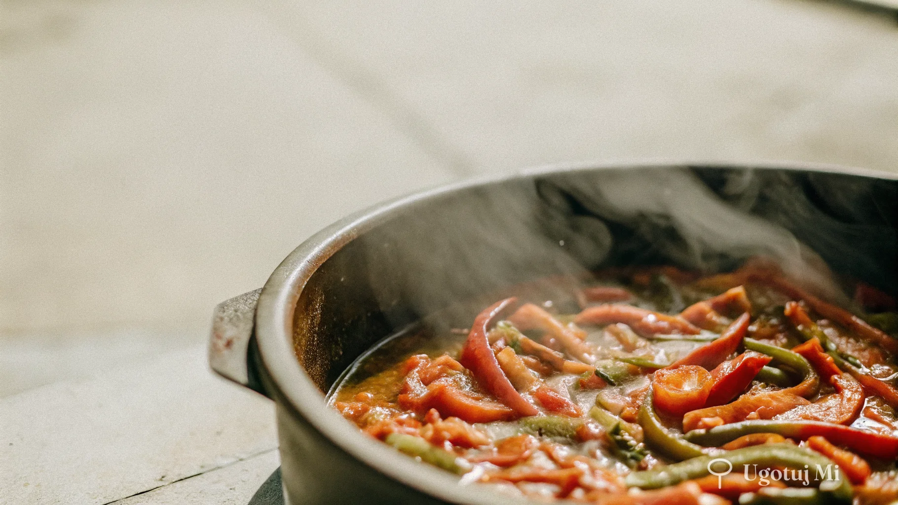 Zbliżenie na teksturę leczo z paskami papryki w sosie pomidorowym | ugotujmi.pl