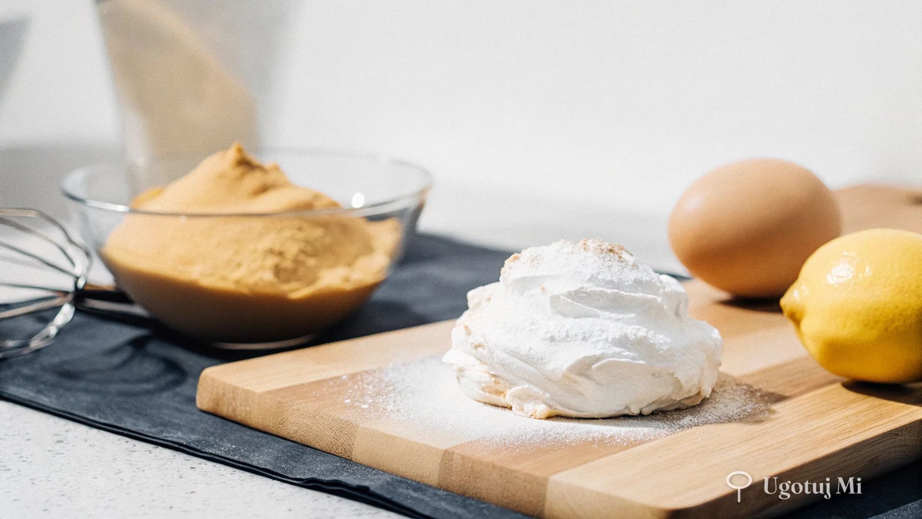 Składniki na lukier królewski - cukier puder, białka w misce, cytryna | ugotujmi.pl