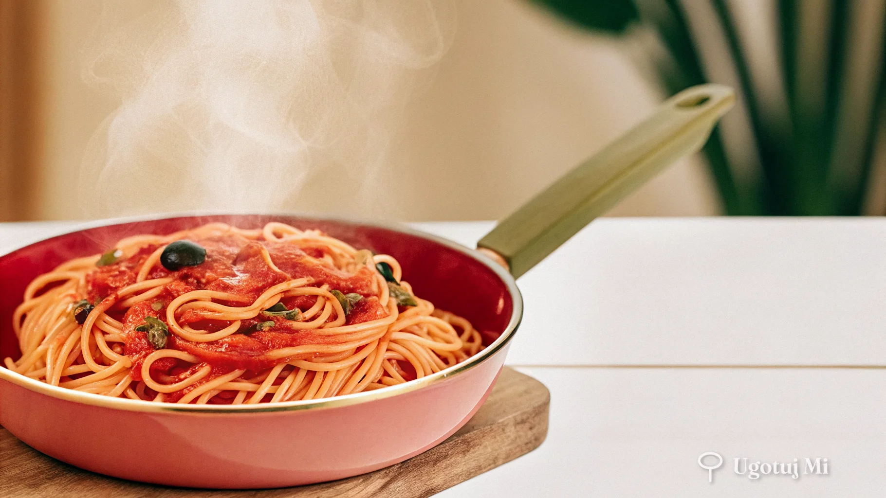 Gotujący się sos puttanesca na patelni z widocznymi oliwkami | ugotujmi.pl