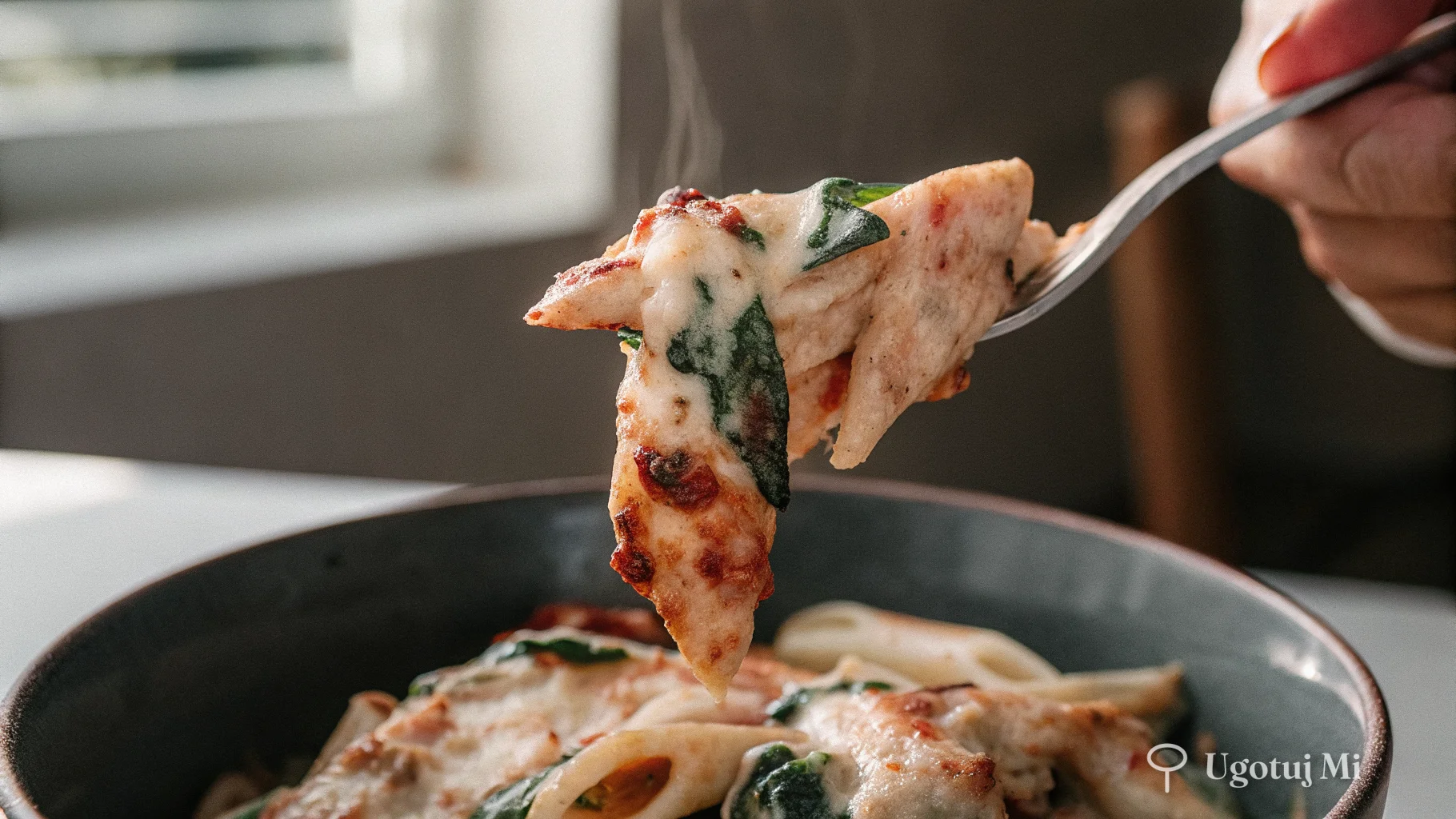 Zbliżenie na teksturę kremowego sosu otulającego makaron z kawałkami kurczaka | ugotujmi.pl