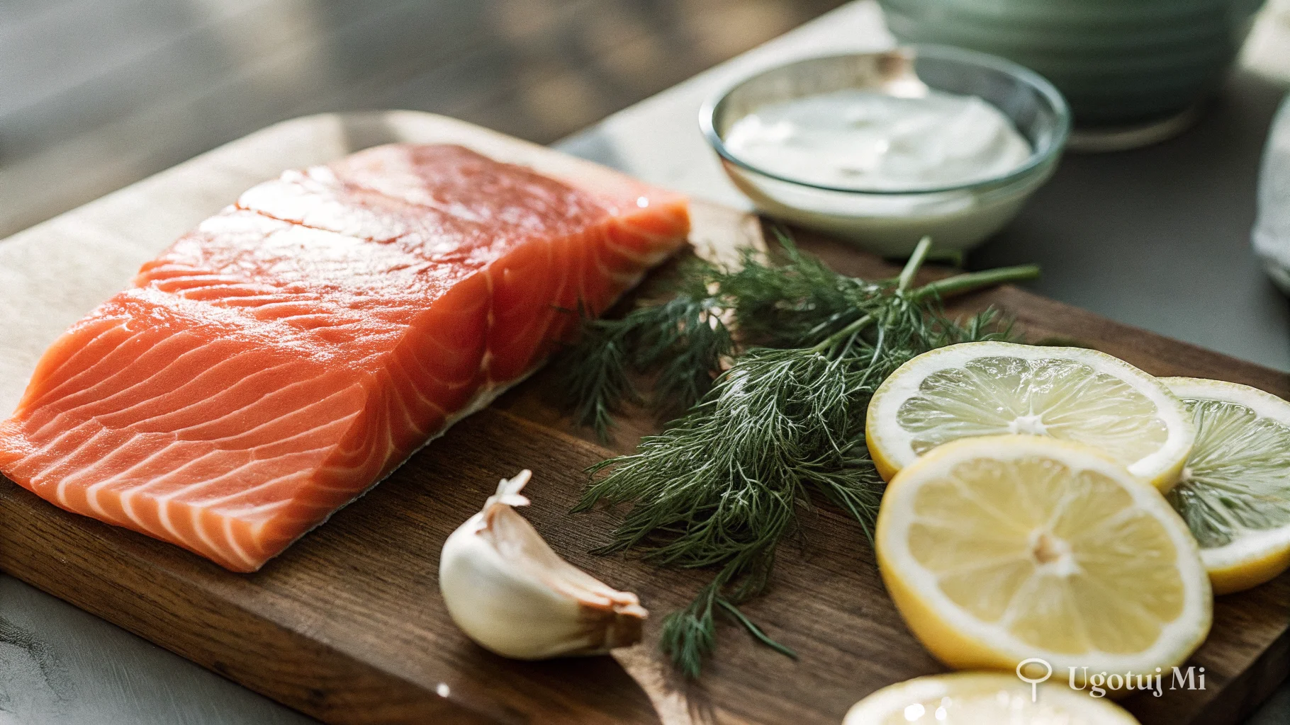 Składniki na makaron z łososiem: filet, cytryna, czosnek i śmietana na desce | ugotujmi.pl