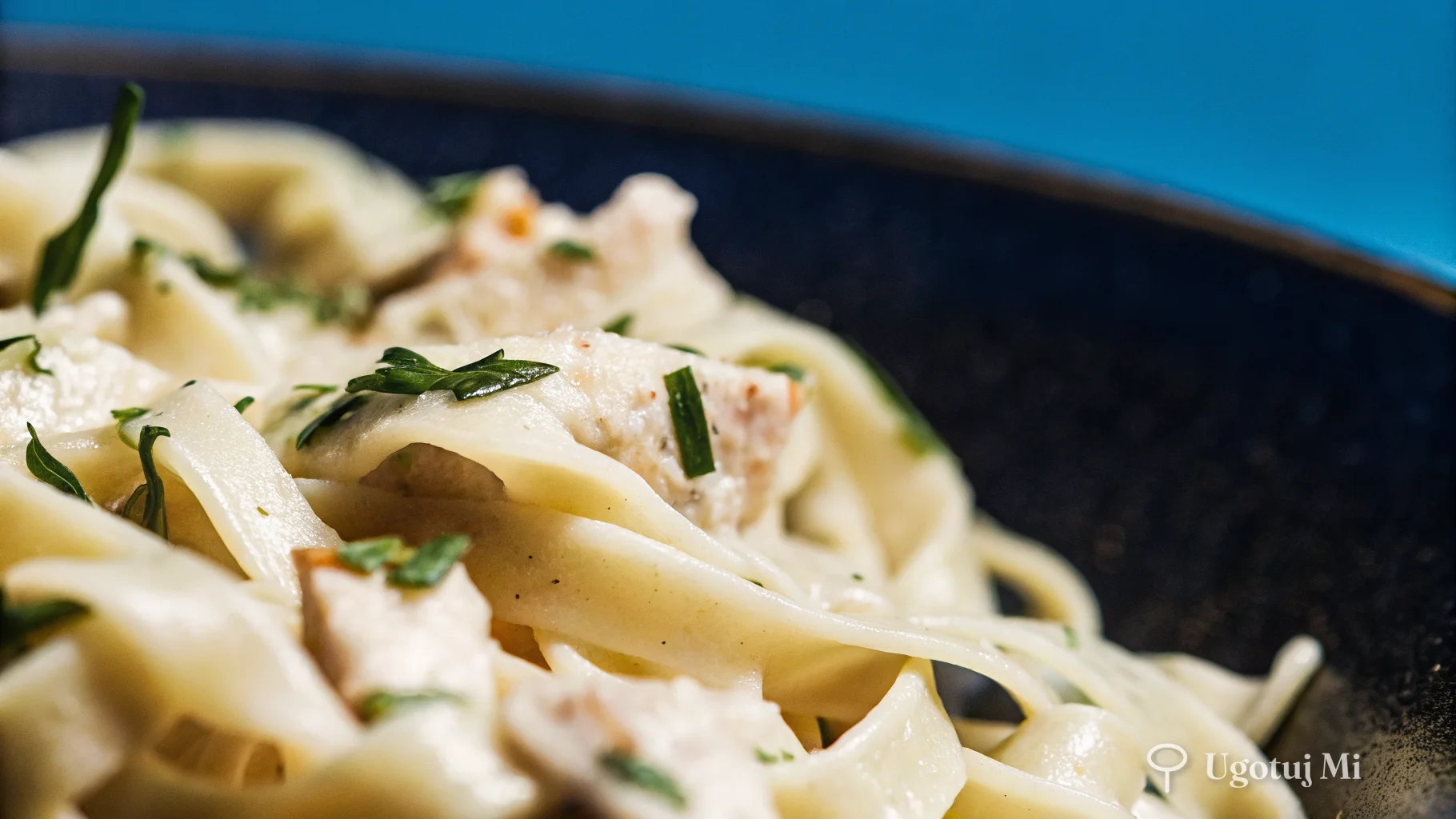 Zbliżenie na makaron tagliatelle w kremowym sosie cytrynowym z kawałkami łososia | ugotujmi.pl