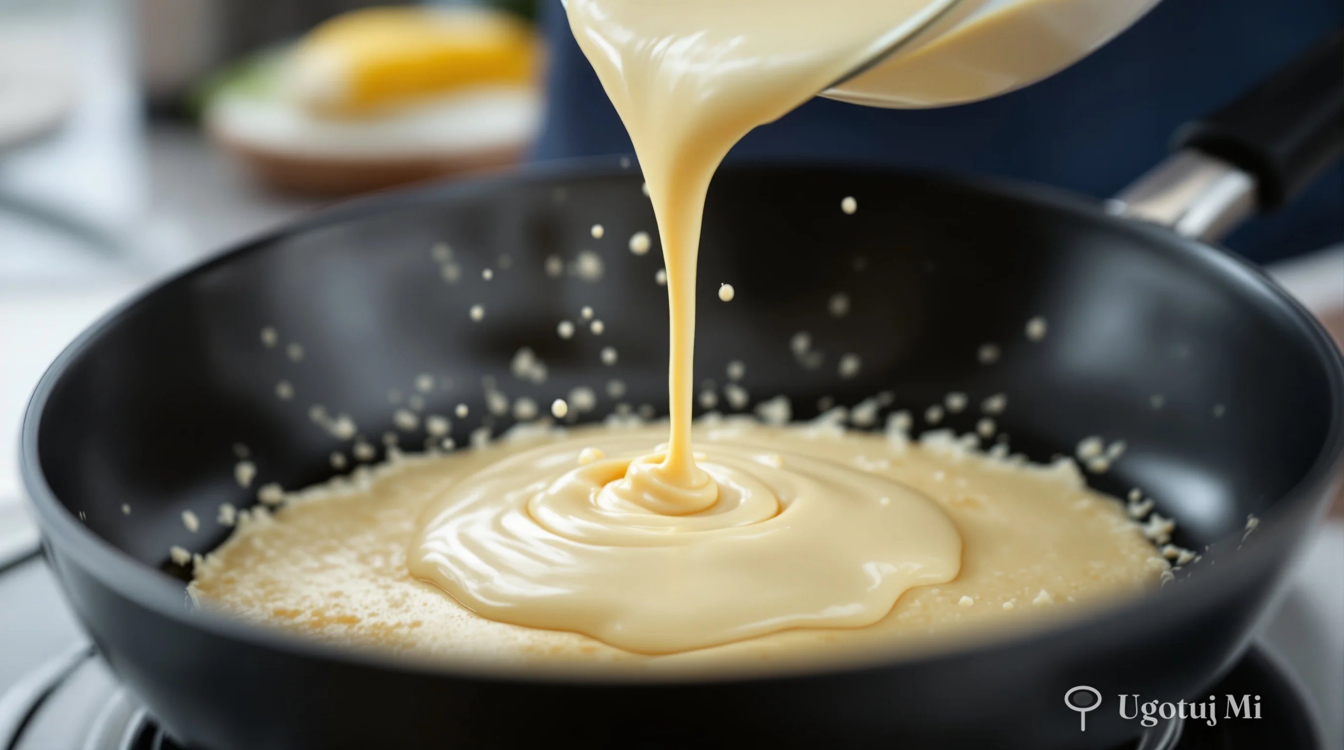 Nalewanie ciasta naleśnikowego na rozgrzaną patelnię | ugotujmi.pl