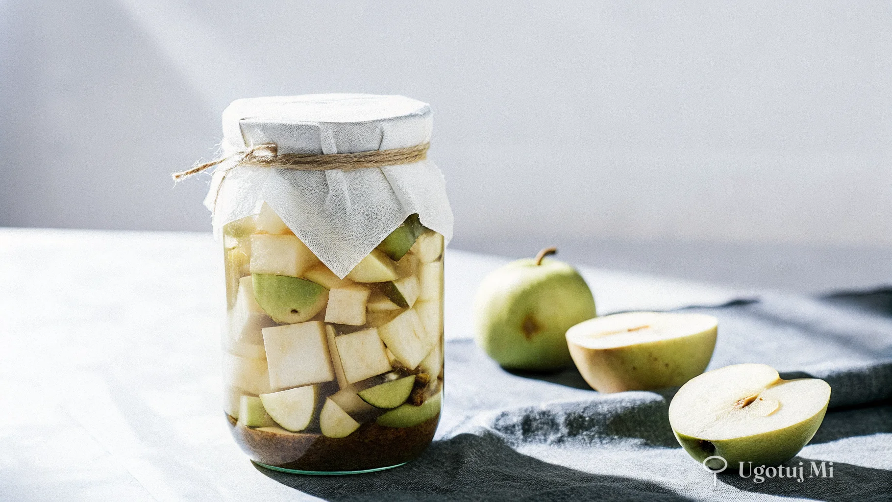 Kawałki jabłek w słoiku podczas fermentacji przykryte gazą | ugotujmi.pl