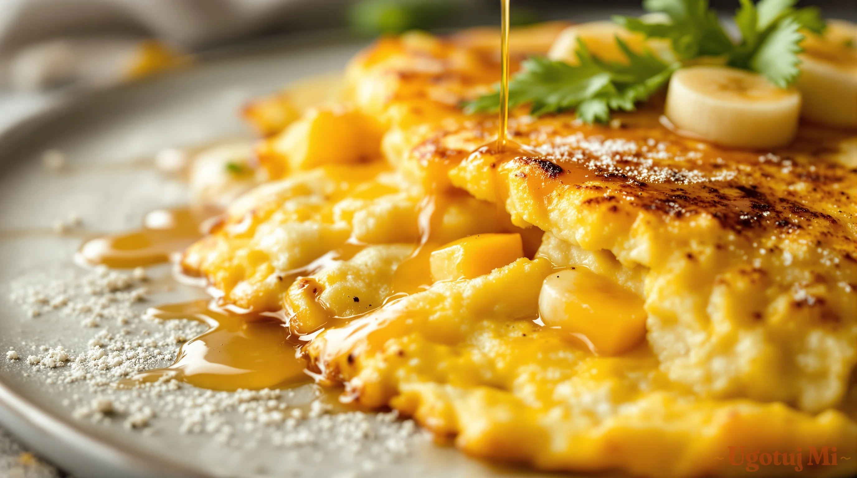 Zbliżenie na puszysta teksturę omletu z kawałkami banana | ugotujmi.pl