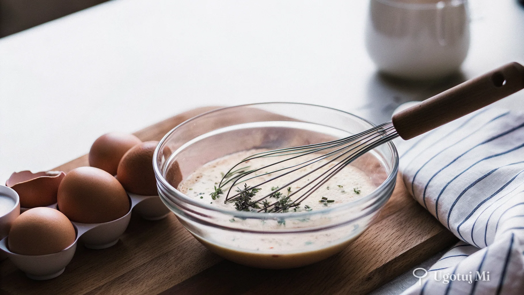 Roztrzepane jajka z posiekanymi ziołami w misce obok składników | ugotujmi.pl