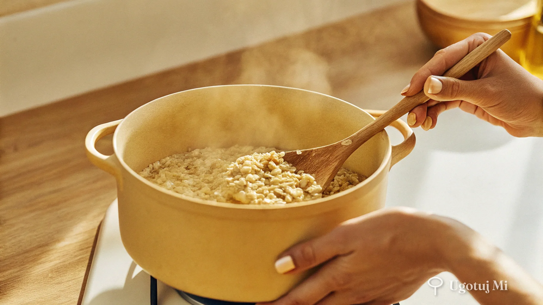 Mieszanie płatków owsianych w garnku z mlekiem | ugotujmi.pl