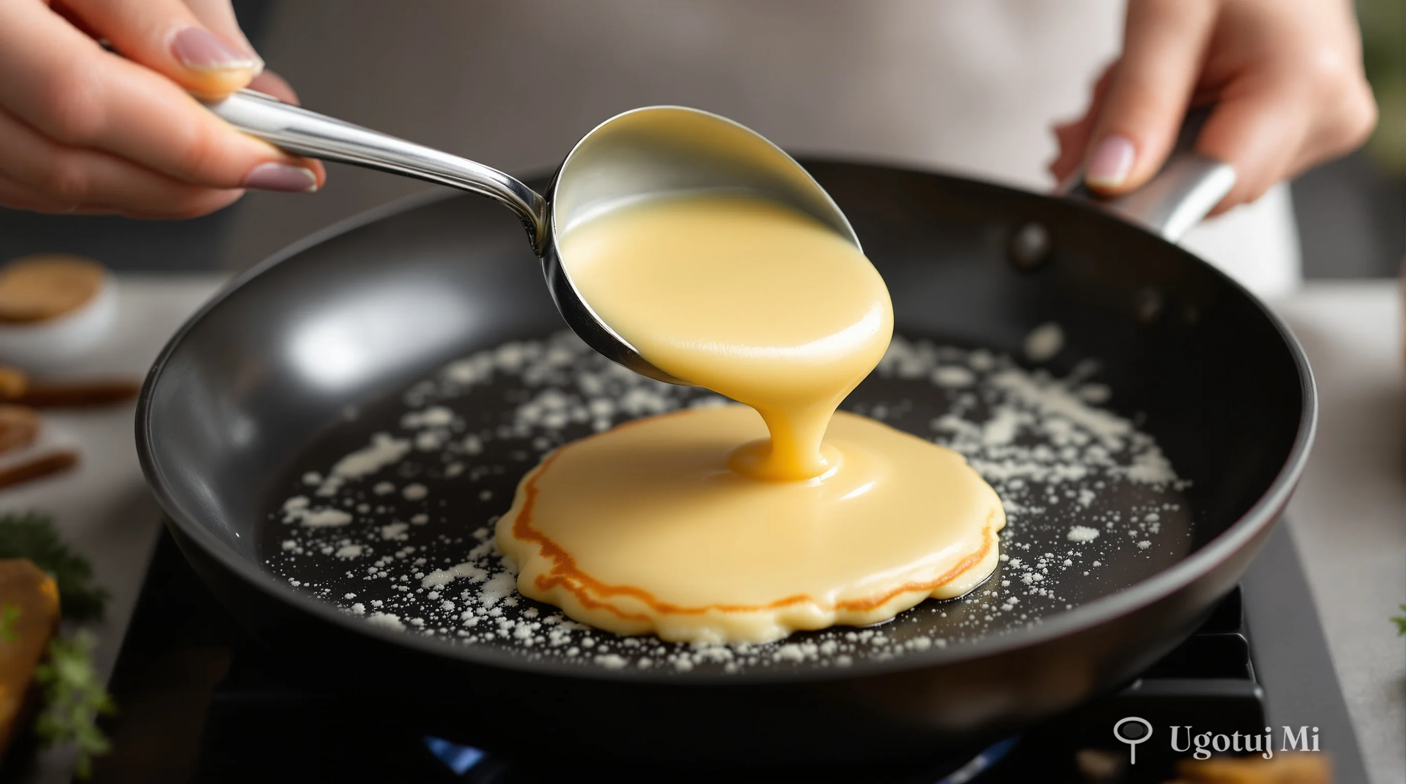 Nalewanie ciasta na pancakes na rozgrzaną patelnię z widocznymi bąbelkami | ugotujmi.pl