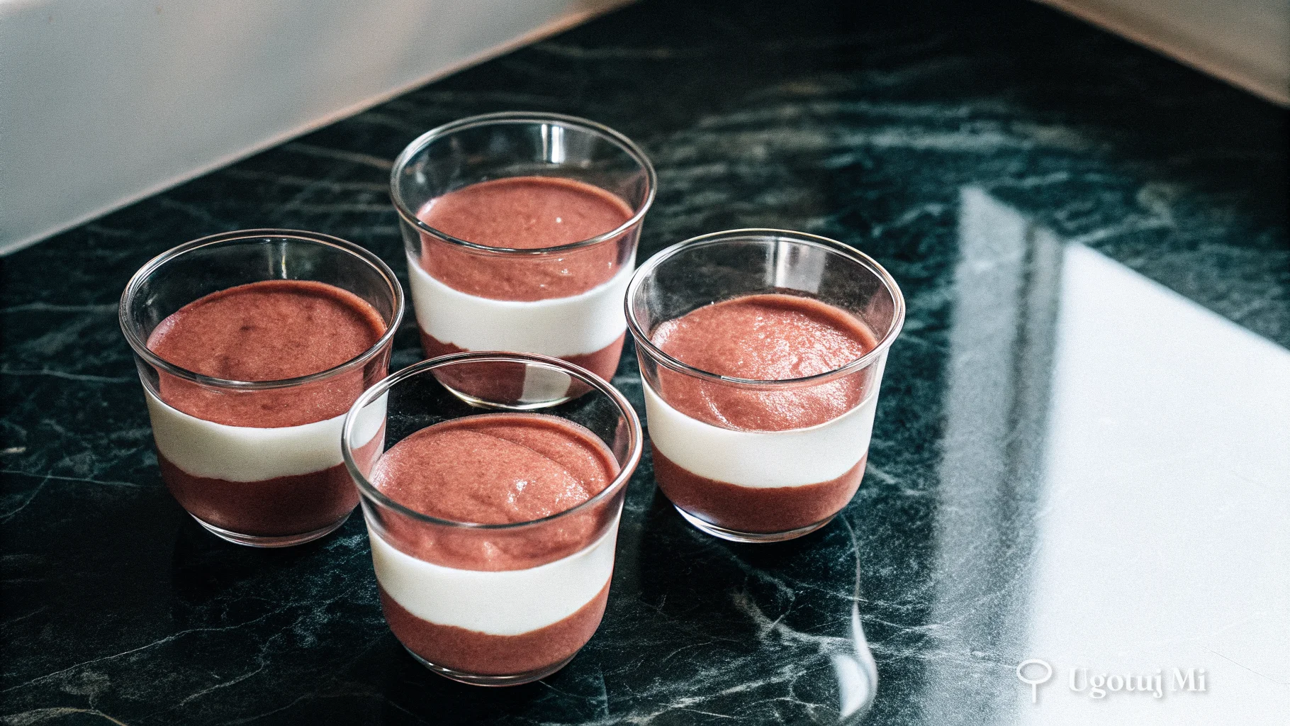 Cztery szklanki wypełnione masą śmietankową do panna cotty gotowe do schłodzenia | ugotujmi.pl