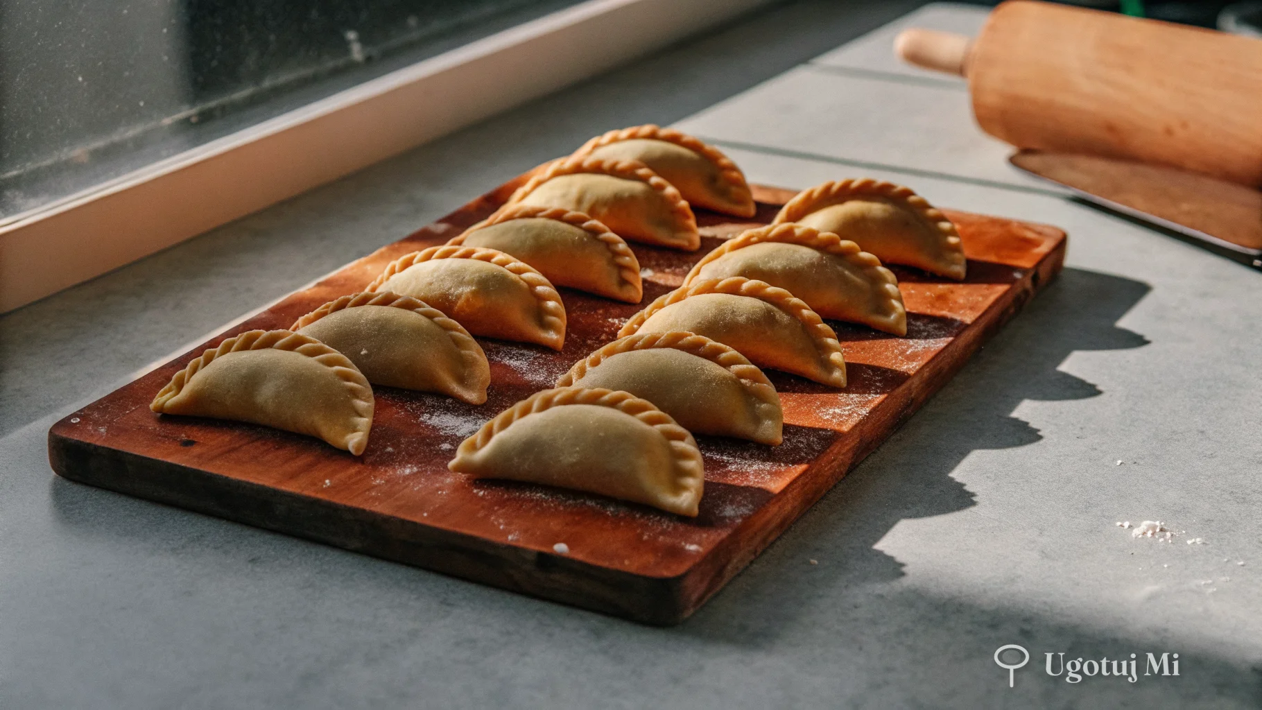 Surowe pierogi ruskie ułożone na oprószonym mąką blacie | ugotujmi.pl