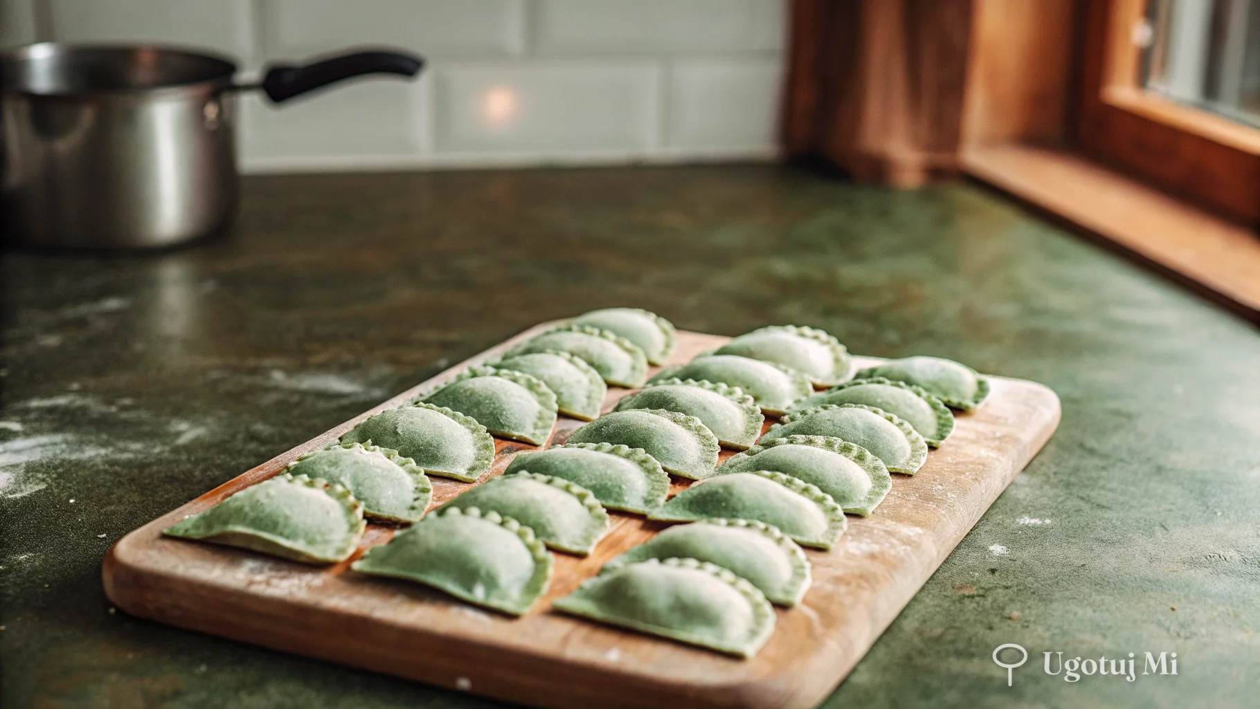 Surowe pierogi ułożone na oprószonej mąką desce z widocznymi zaplecionymi brzegami | ugotujmi.pl