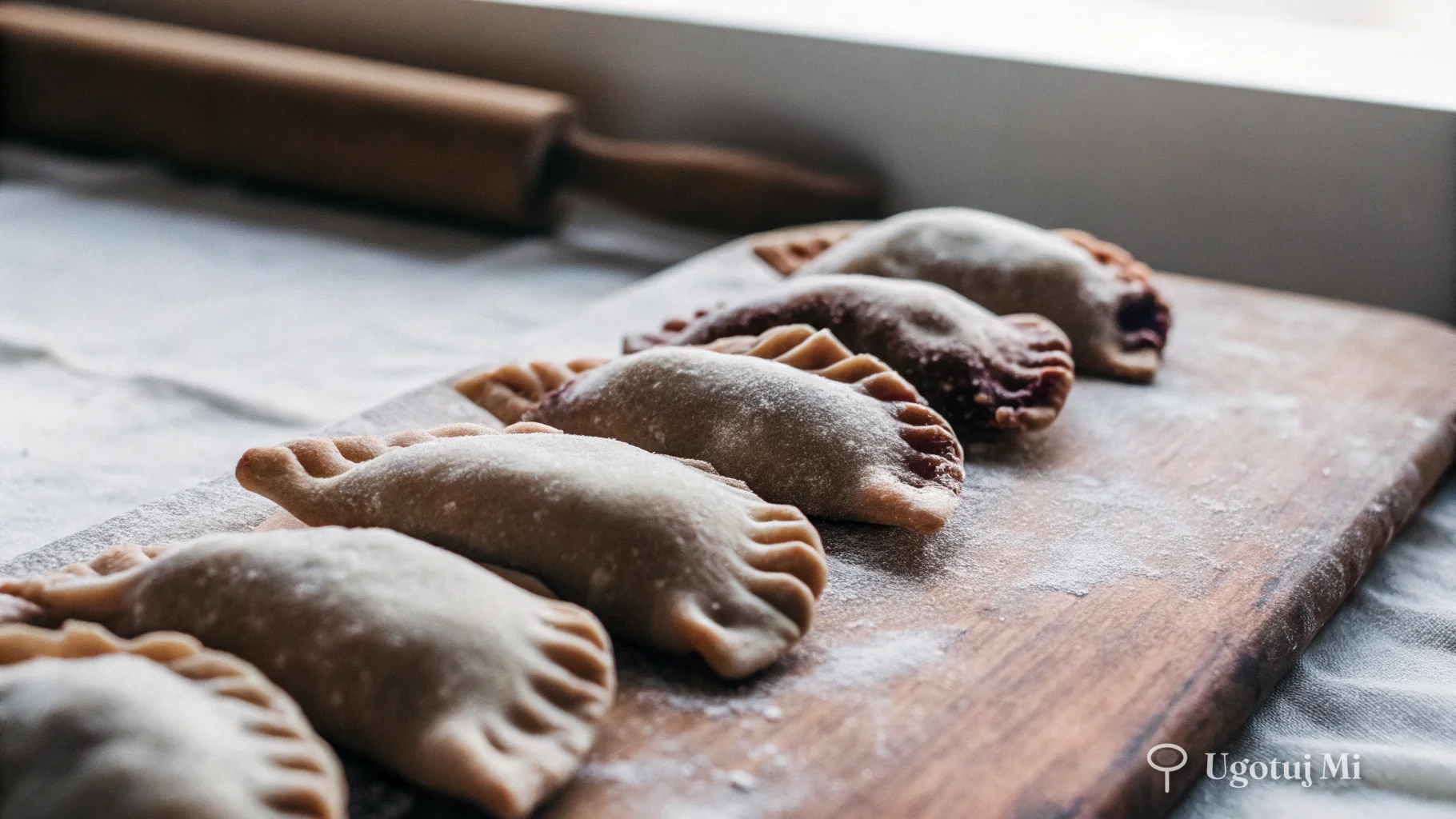 Surowe pierogi kujawskie ułożone na podsypanej mąką stolnicy | ugotujmi.pl