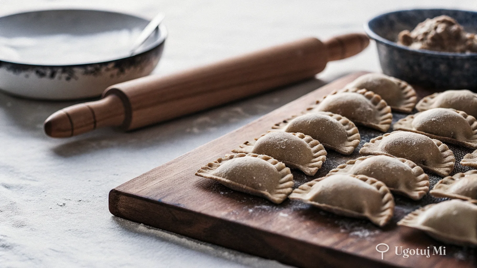 Surowe pierożki ułożone na posypanej mąką desce przed gotowaniem | ugotujmi.pl