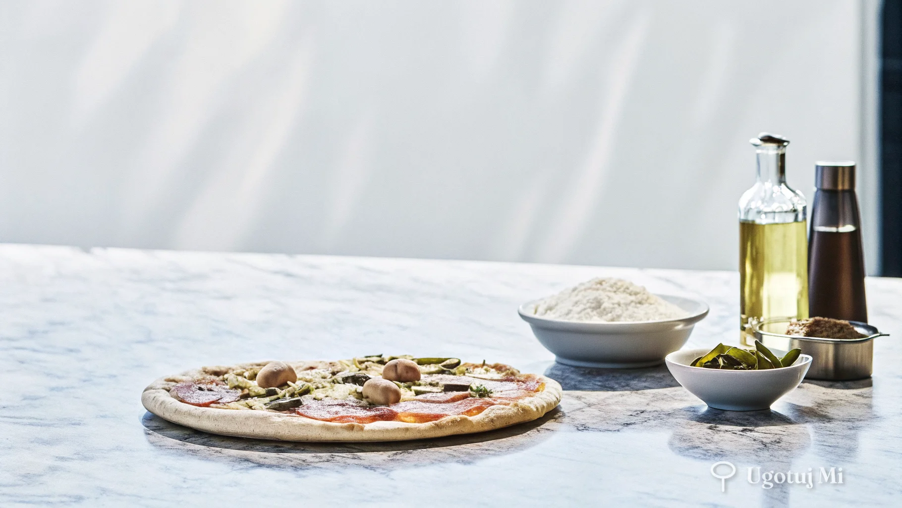 Składniki na pizzę rozłożone na blacie - mąka, pieczarki, szynka, ser | ugotujmi.pl