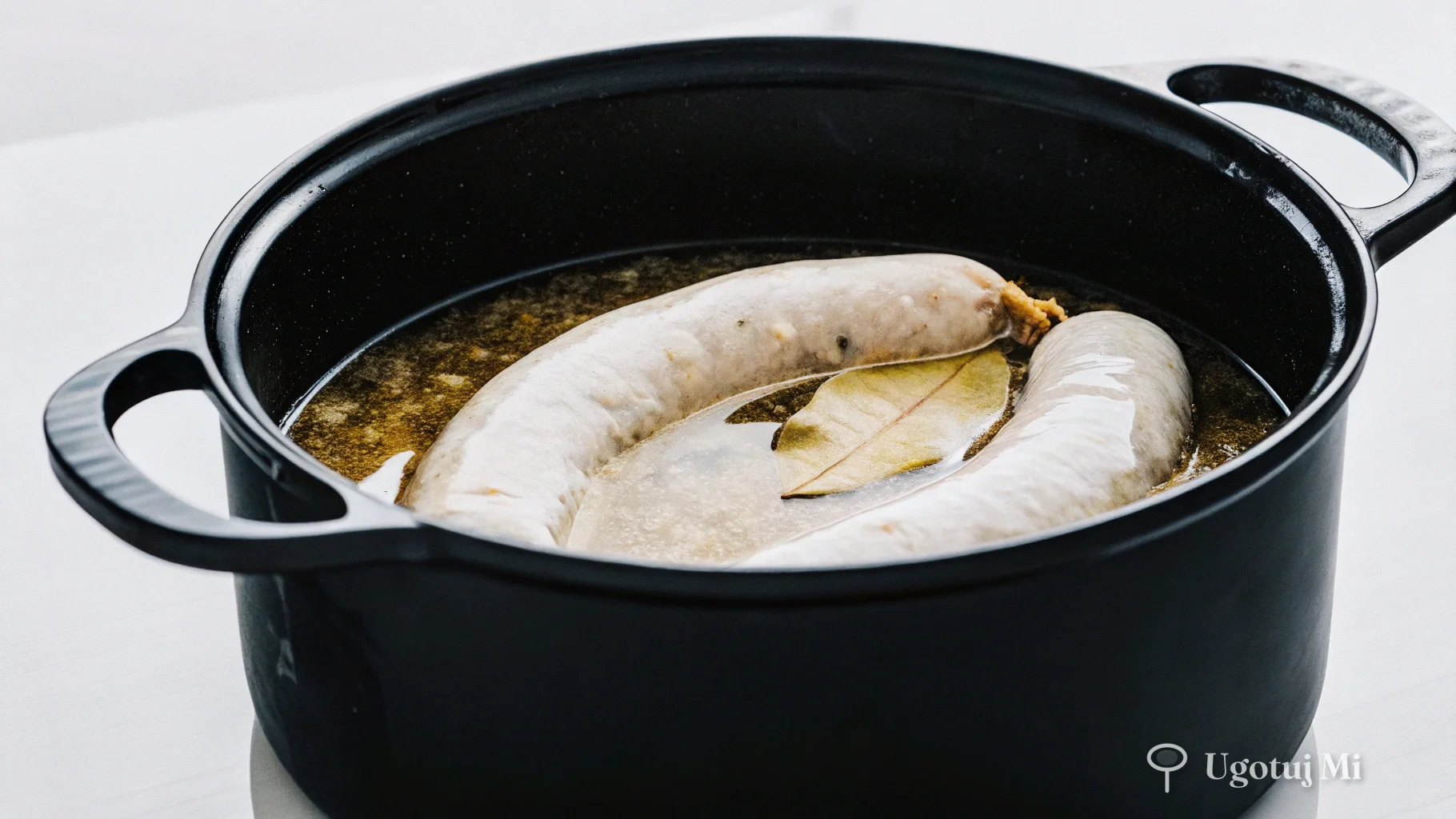 Biała kiełbasa gotująca się w bulionie z przyprawami | ugotujmi.pl