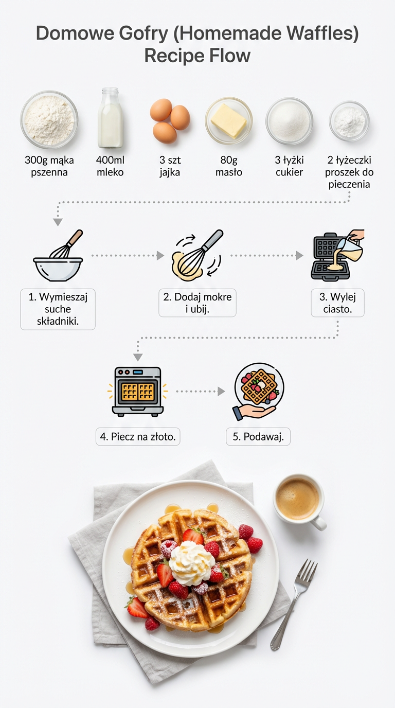 Sprawdzony przepis na domowe gofry. Puszyste w środku, chrupiące na zewnątrz. Krok po kroku z poradami ekspertów. Czas: 30 minut. | ugotujmi.pl