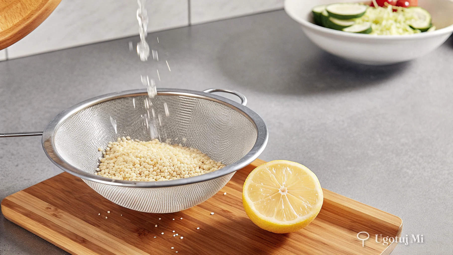 Quinoa płukana na sicie obok przekrojonej cytryny na drewnianej desce | ugotujmi.pl