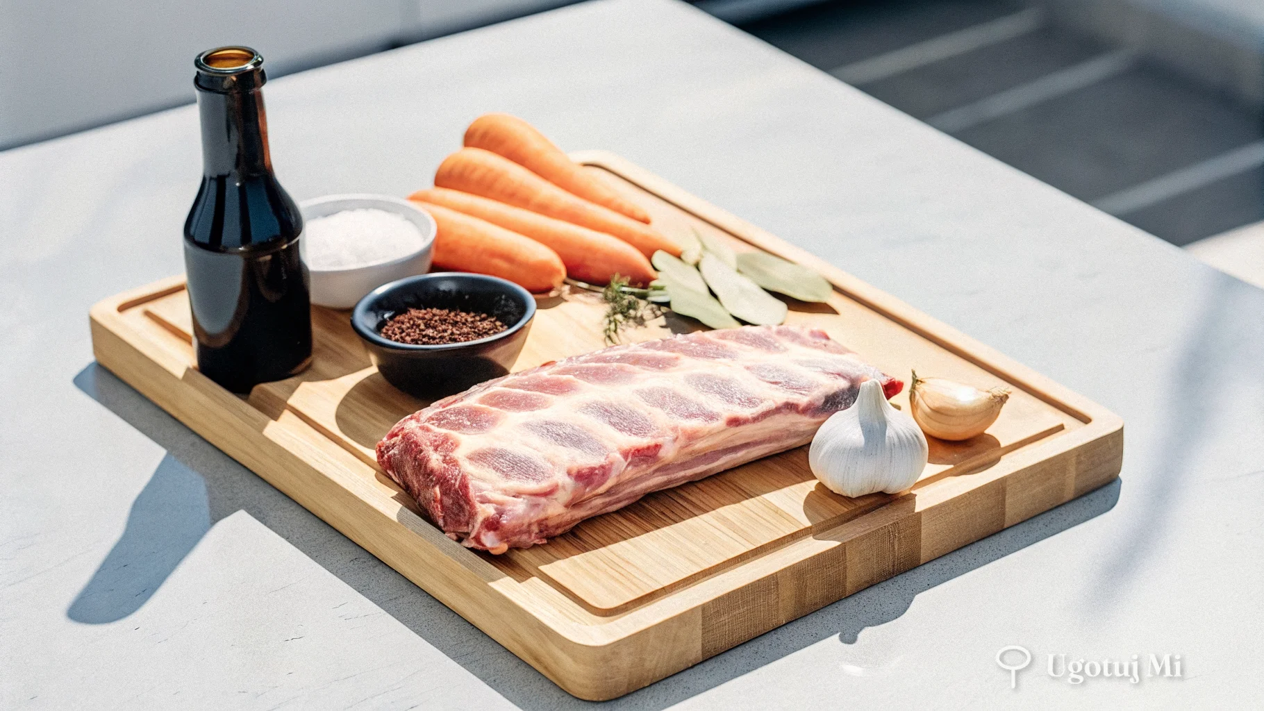 Składniki na żeberka duszone: surowe żeberka, ciemne piwo, warzywa i przyprawy na desce | ugotujmi.pl