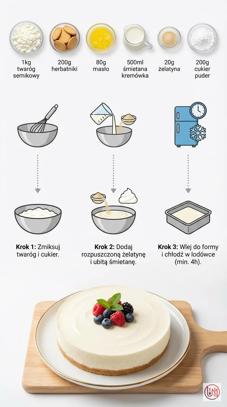 Idealny sernik na zimno bez pieczenia! Prosty przepis na kremowy deser z twarogiem. Gotowy w 30 minut, idealne chłodzenie przez noc. | ugotujmi.pl