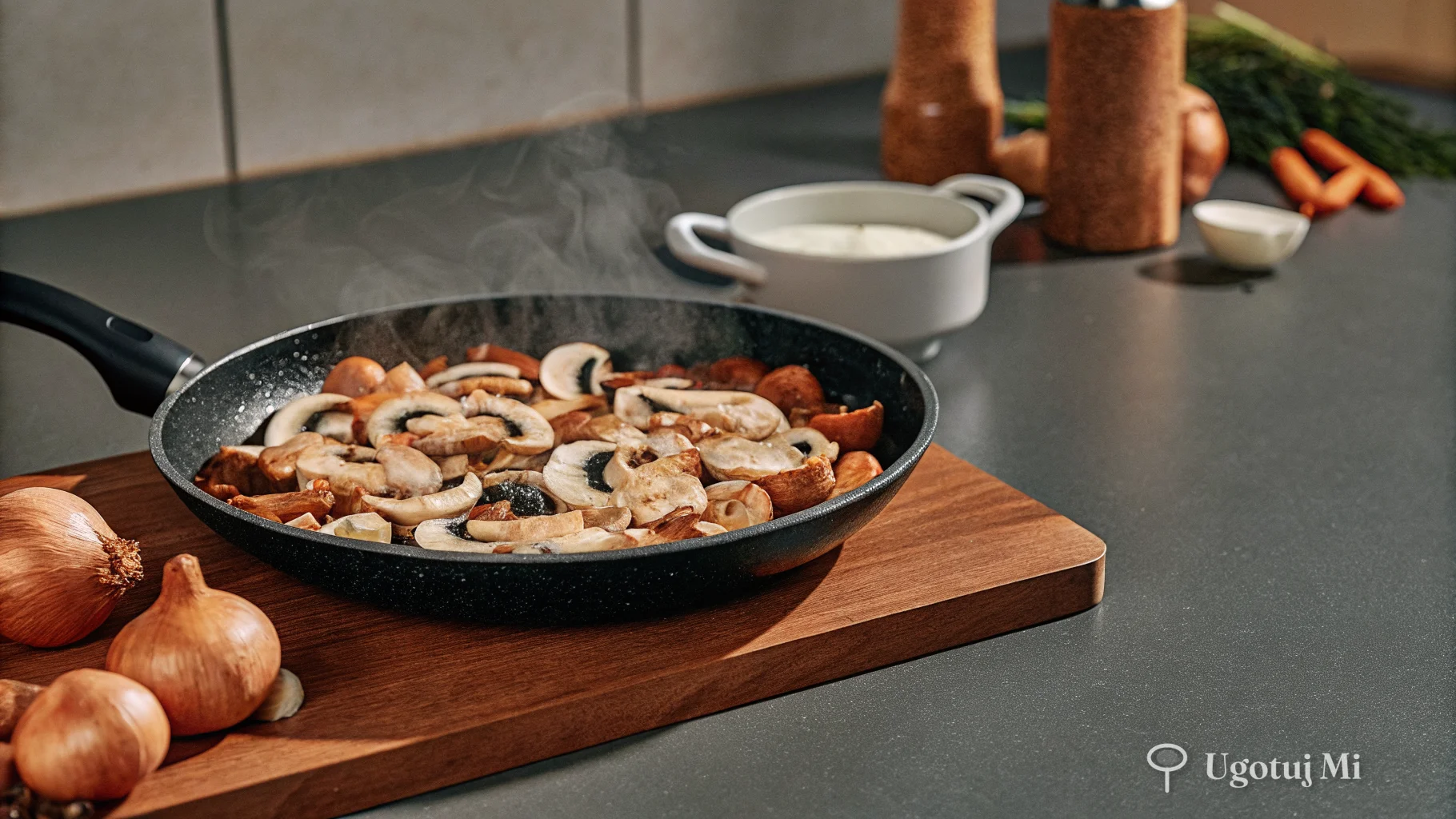 Pieczarki smażone na patelni z cebulą podczas przygotowania sosu | ugotujmi.pl