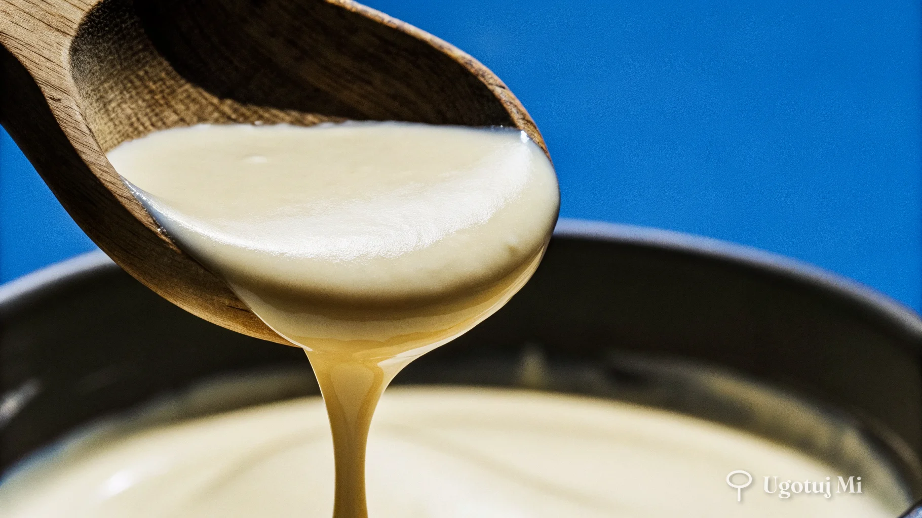 Zbliżenie na kremowy sos serowy spływający z drewnianej łyżki | ugotujmi.pl